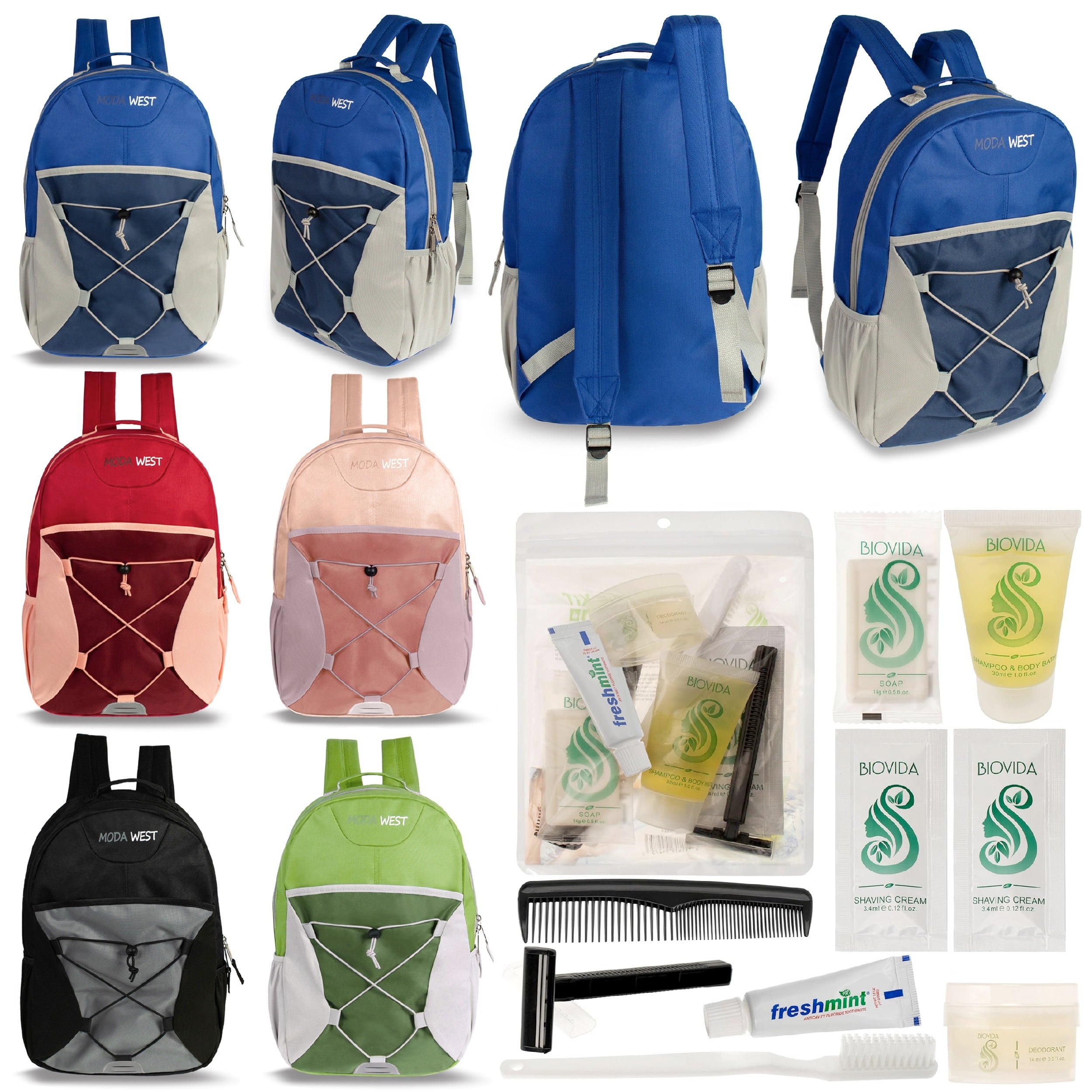 12 Bungee 17" Backpacks in 6 Color Combinations & Your Choice of 12 Bulk Hygiene Kits - Wholesale Care Package: Homeless, Emergency, Charity