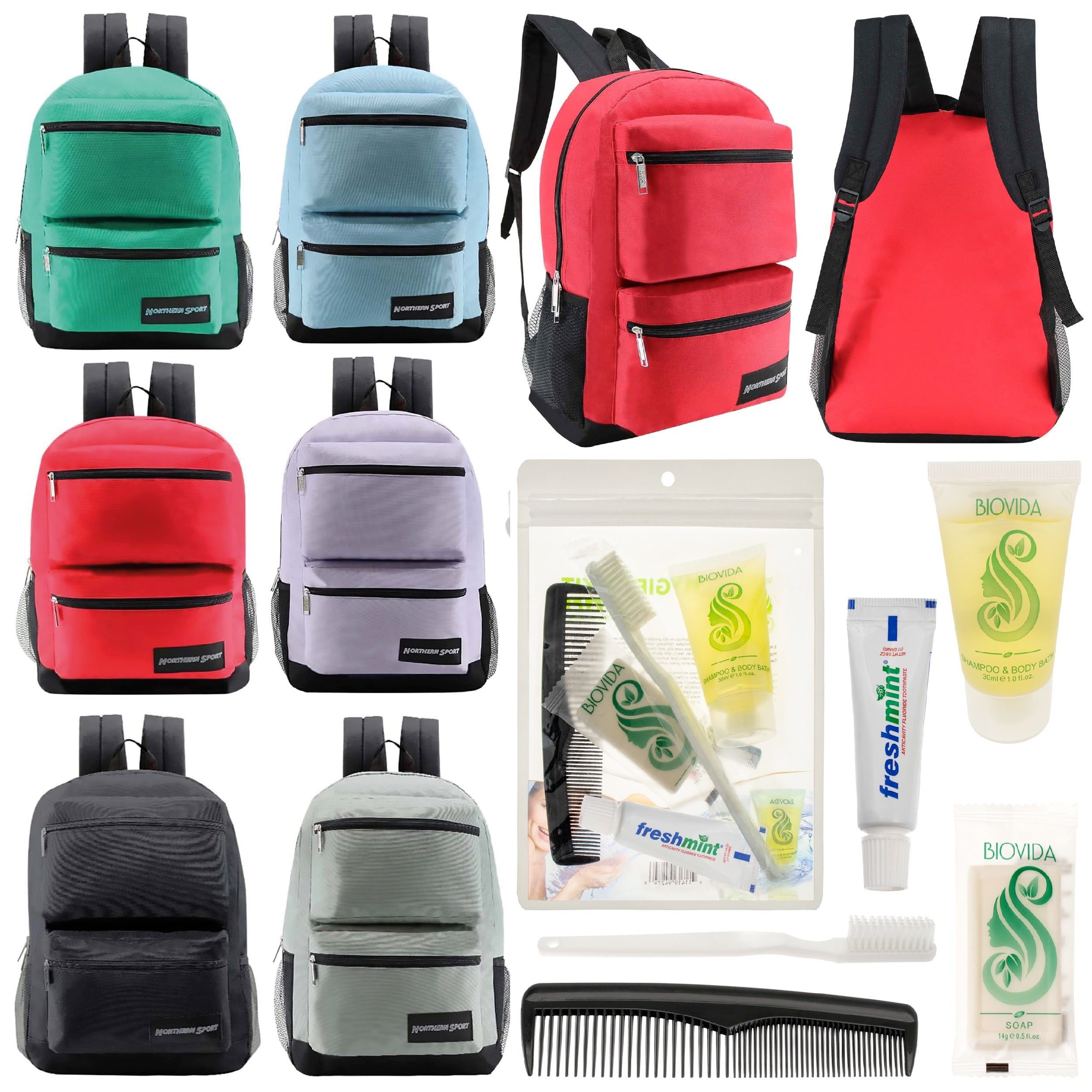 12 Premium 17" Backpacks with 2 Front Pockets & Your Choice of 12 Bulk Hygiene Kits - Wholesale Care Package: Homeless, Emergency, Charity