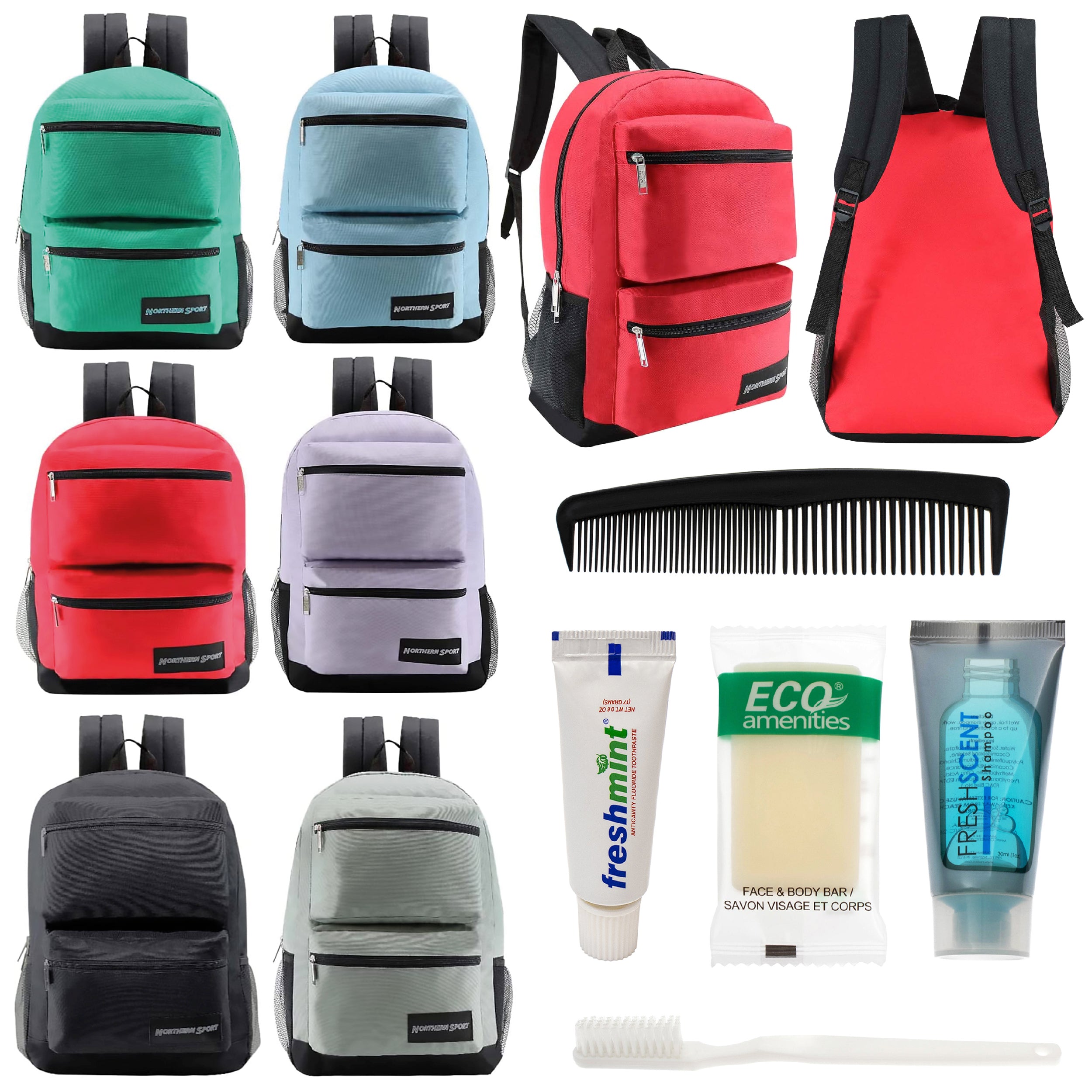 12 Premium 17" Backpacks with 2 Front Pockets & Your Choice of 12 Bulk Hygiene Kits - Wholesale Care Package: Homeless, Emergency, Charity