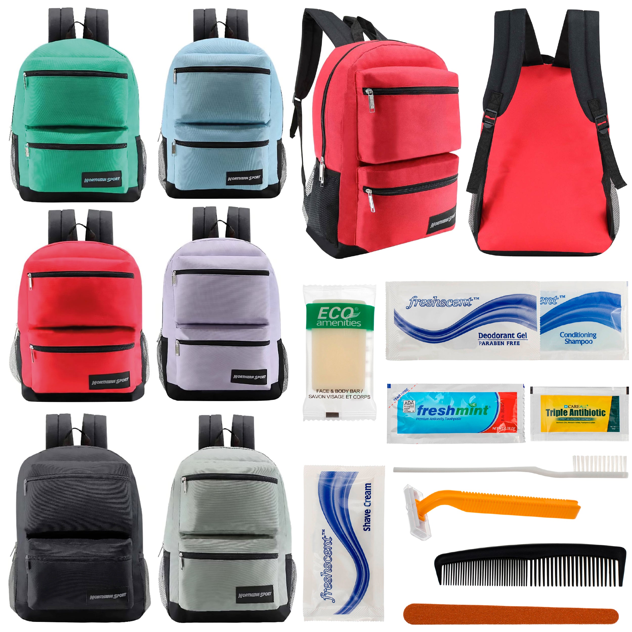 12 Premium 17" Backpacks with 2 Front Pockets & Your Choice of 12 Bulk Hygiene Kits - Wholesale Care Package: Homeless, Emergency, Charity