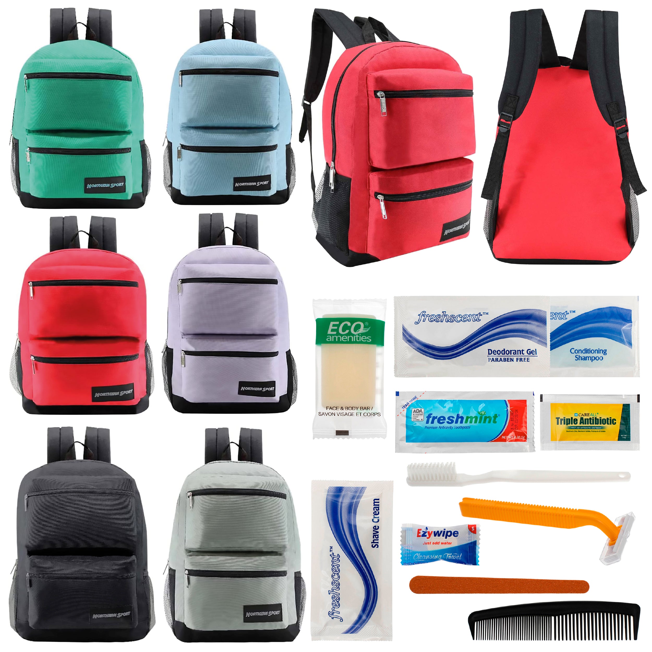 12 Premium 17" Backpacks with 2 Front Pockets & Your Choice of 12 Bulk Hygiene Kits - Wholesale Care Package: Homeless, Emergency, Charity