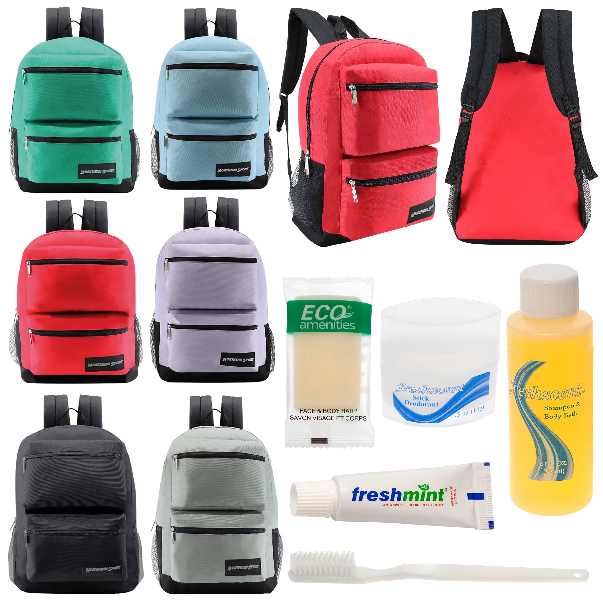 12 Premium 17" Backpacks with 2 Front Pockets & Your Choice of 12 Bulk Hygiene Kits - Wholesale Care Package: Homeless, Emergency, Charity