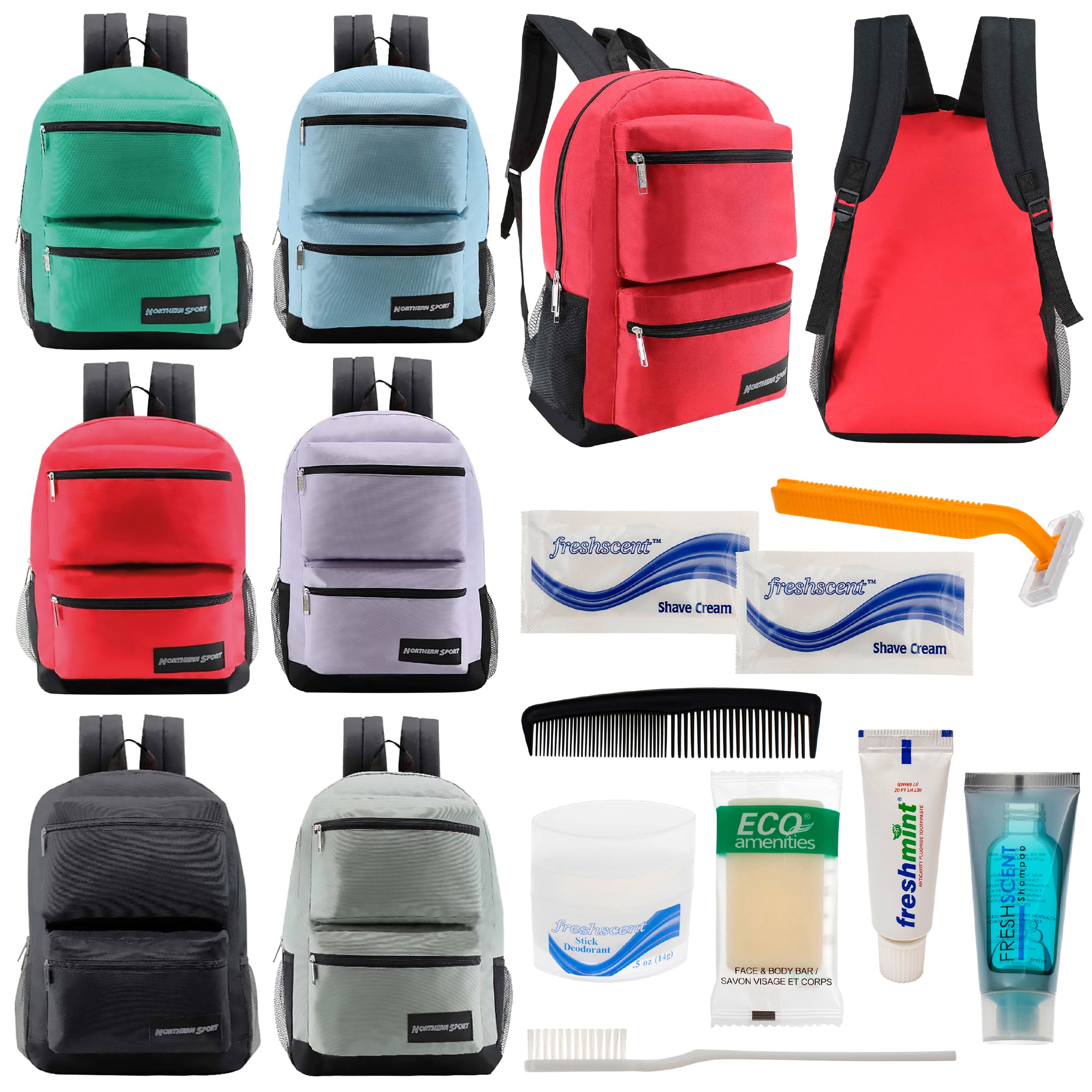 12 Premium 17" Backpacks with 2 Front Pockets & Your Choice of 12 Bulk Hygiene Kits - Wholesale Care Package: Homeless, Emergency, Charity