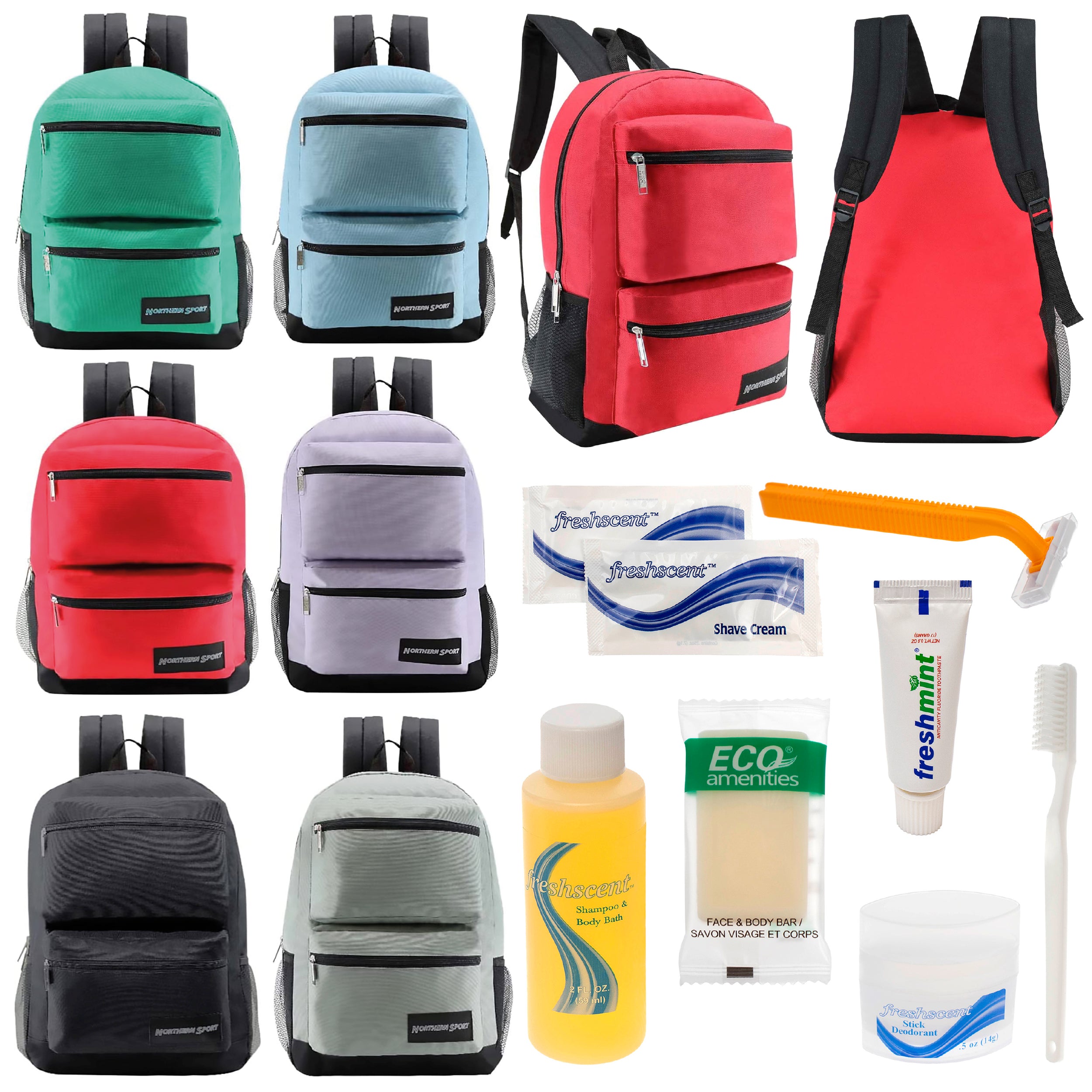 12 Premium 17" Backpacks with 2 Front Pockets & Your Choice of 12 Bulk Hygiene Kits - Wholesale Care Package: Homeless, Emergency, Charity