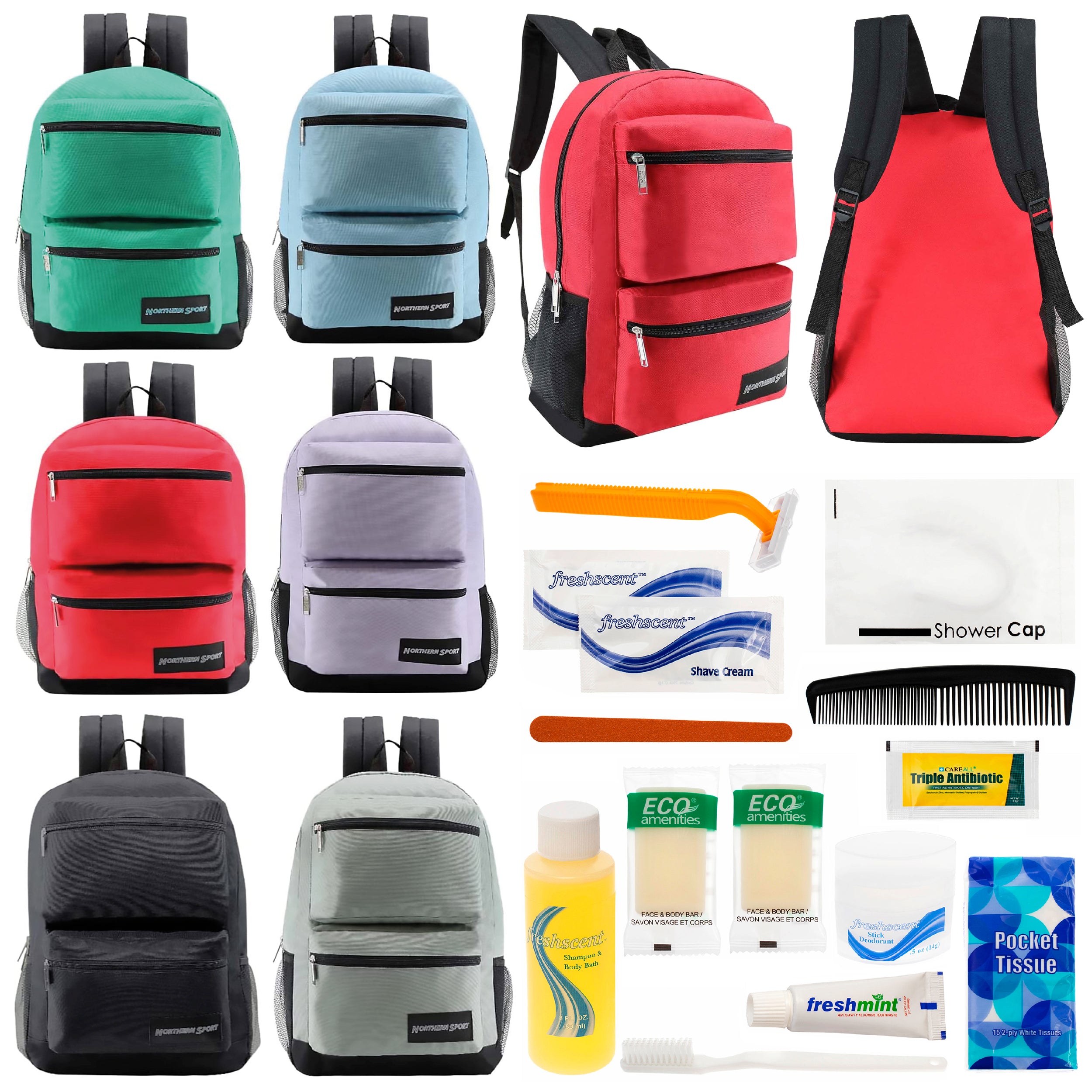 12 Premium 17" Backpacks with 2 Front Pockets & Your Choice of 12 Bulk Hygiene Kits - Wholesale Care Package: Homeless, Emergency, Charity