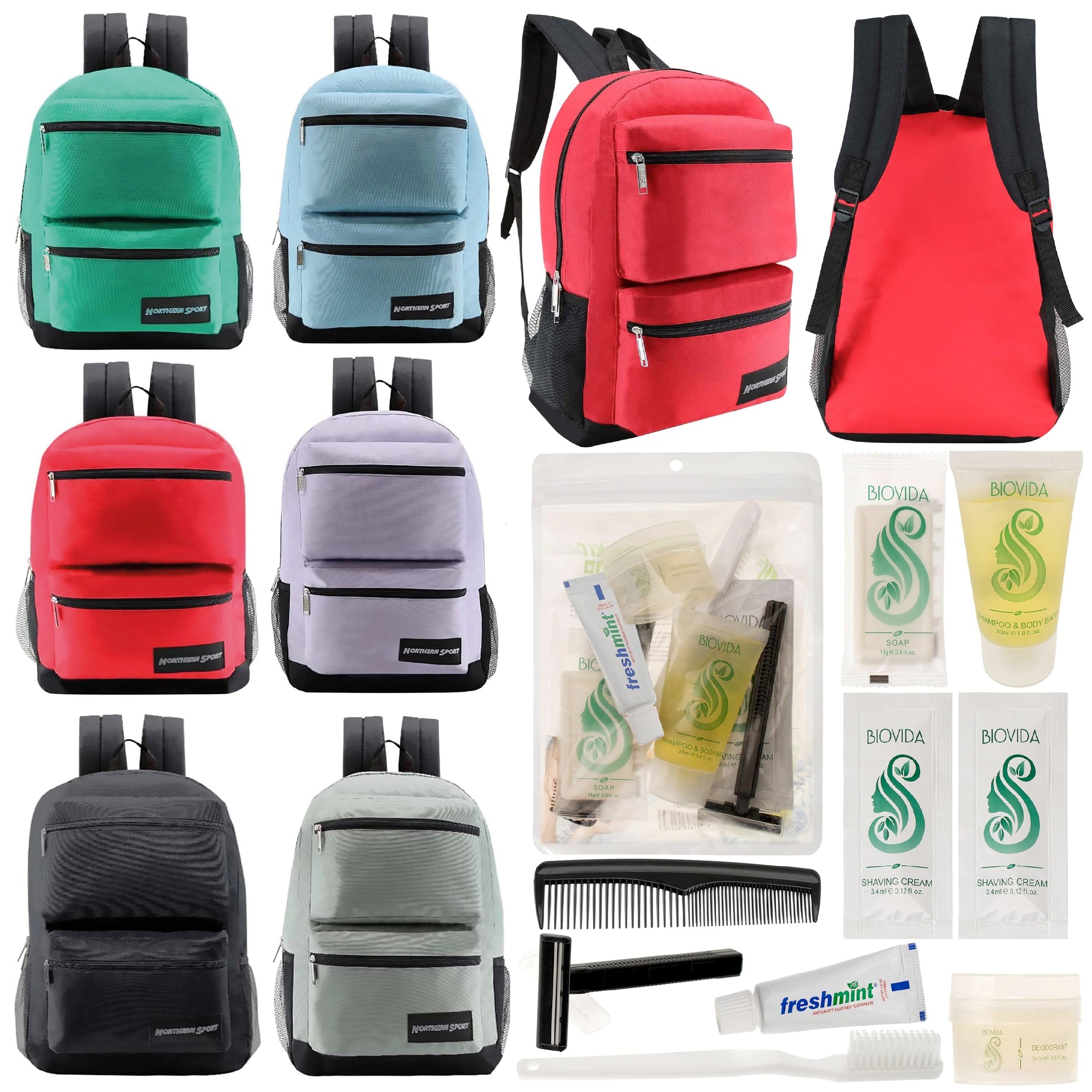 12 Premium 17" Backpacks with 2 Front Pockets & Your Choice of 12 Bulk Hygiene Kits - Wholesale Care Package: Homeless, Emergency, Charity