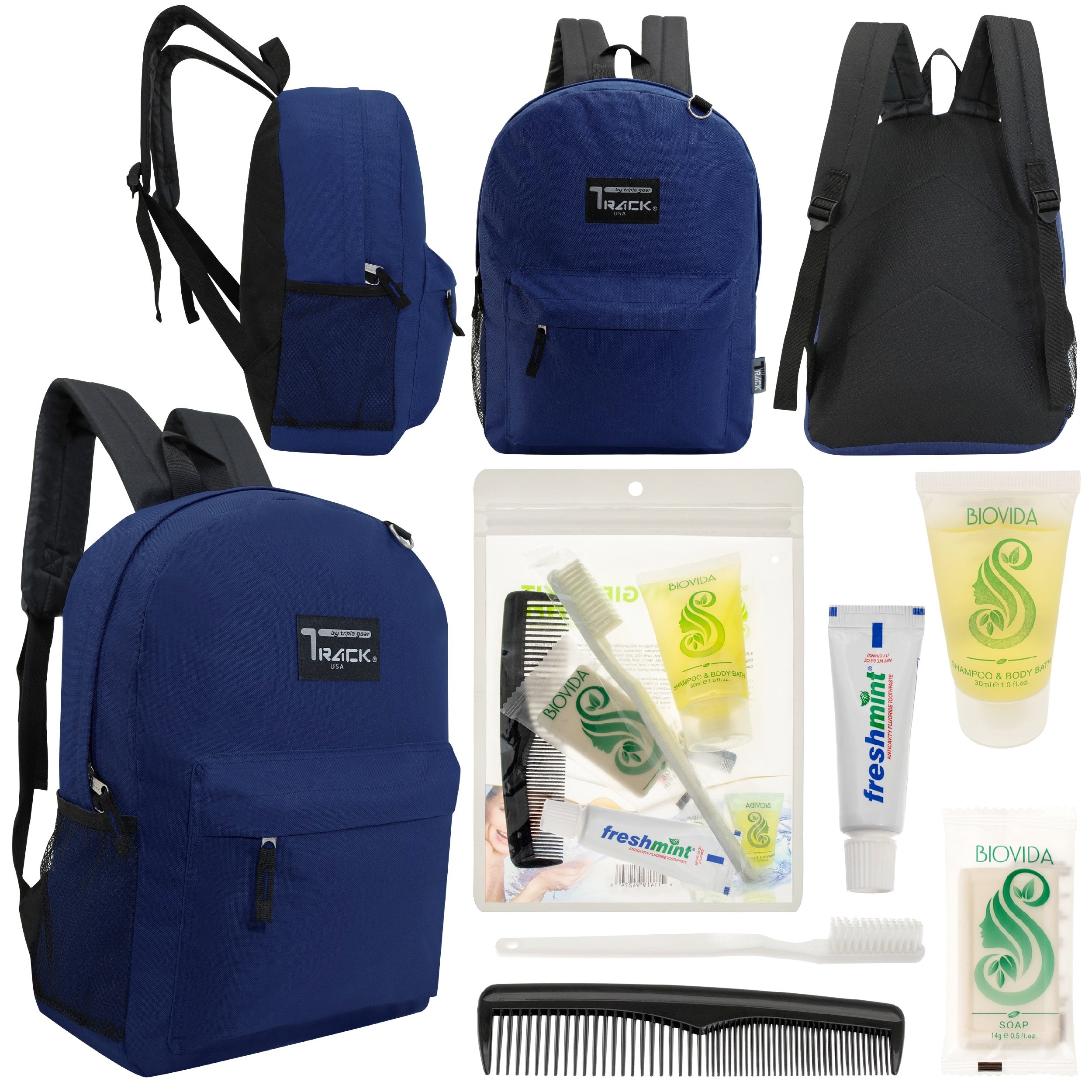 12 Classic 17" Backpacks in Navy Blue & Your Choice of 12 Bulk Hygiene Kits - Wholesale Care Package: Homeless, Emergency, Charity