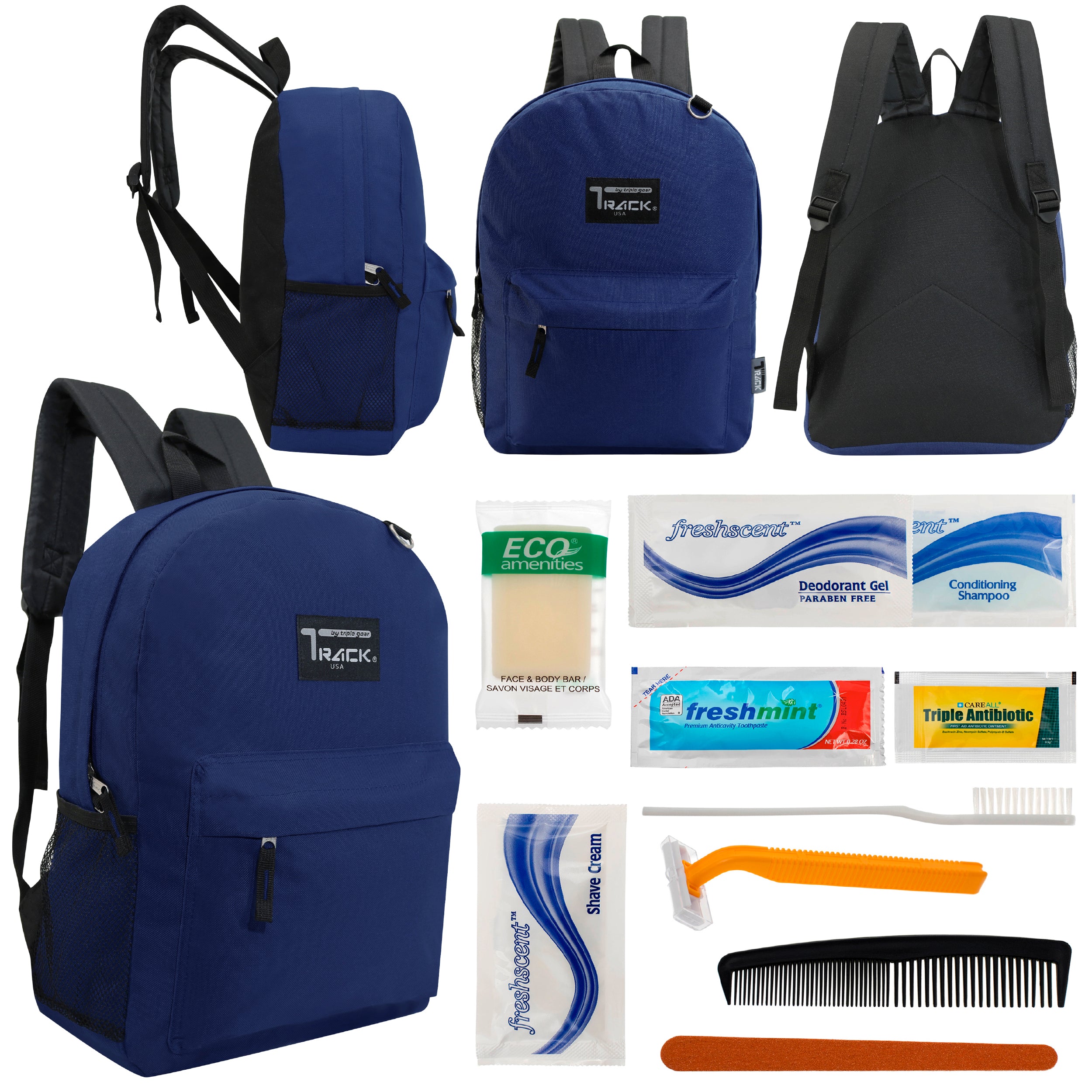 12 Classic 17" Backpacks in Navy Blue & Your Choice of 12 Bulk Hygiene Kits - Wholesale Care Package: Homeless, Emergency, Charity