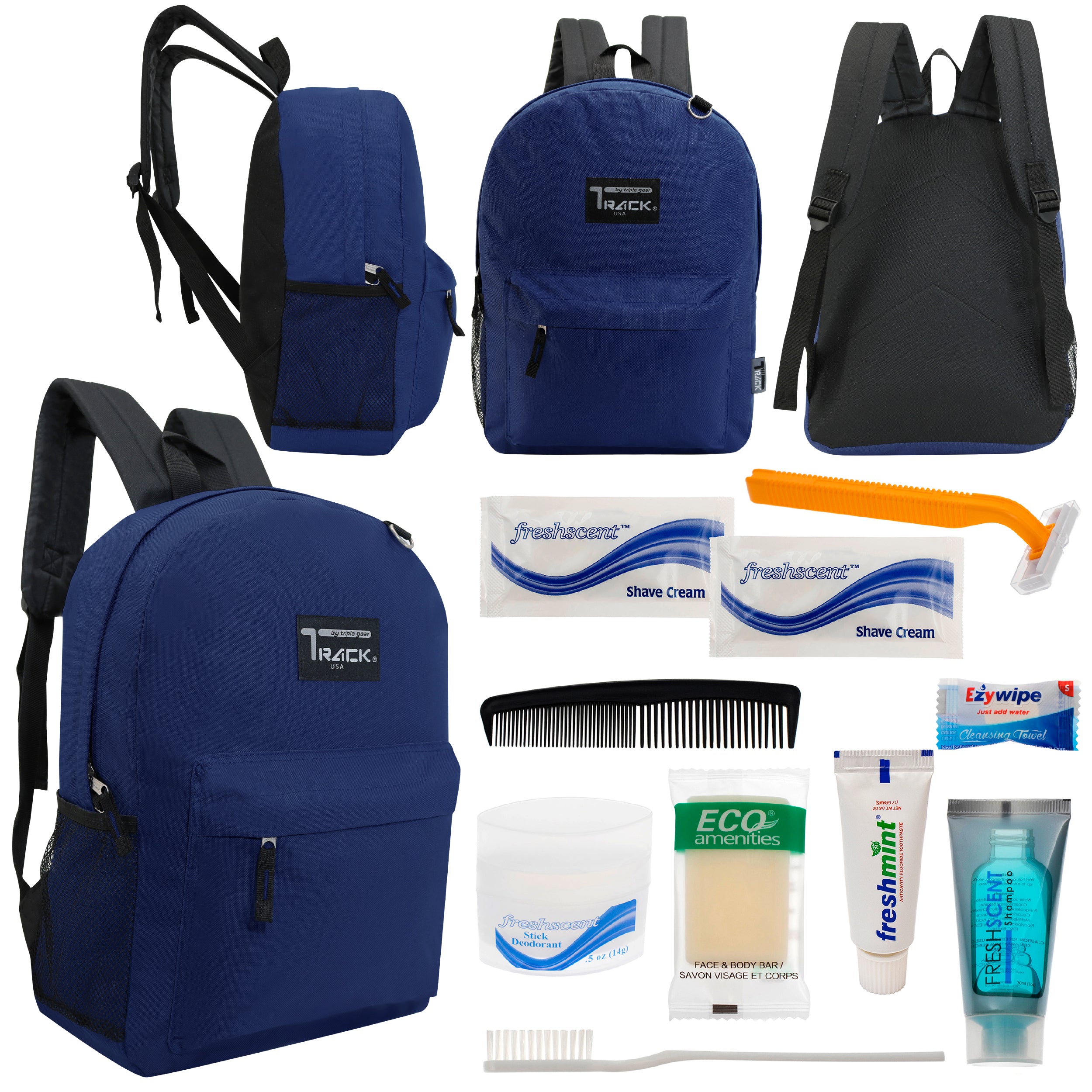 12 Classic 17" Backpacks in Navy Blue & Your Choice of 12 Bulk Hygiene Kits - Wholesale Care Package: Homeless, Emergency, Charity