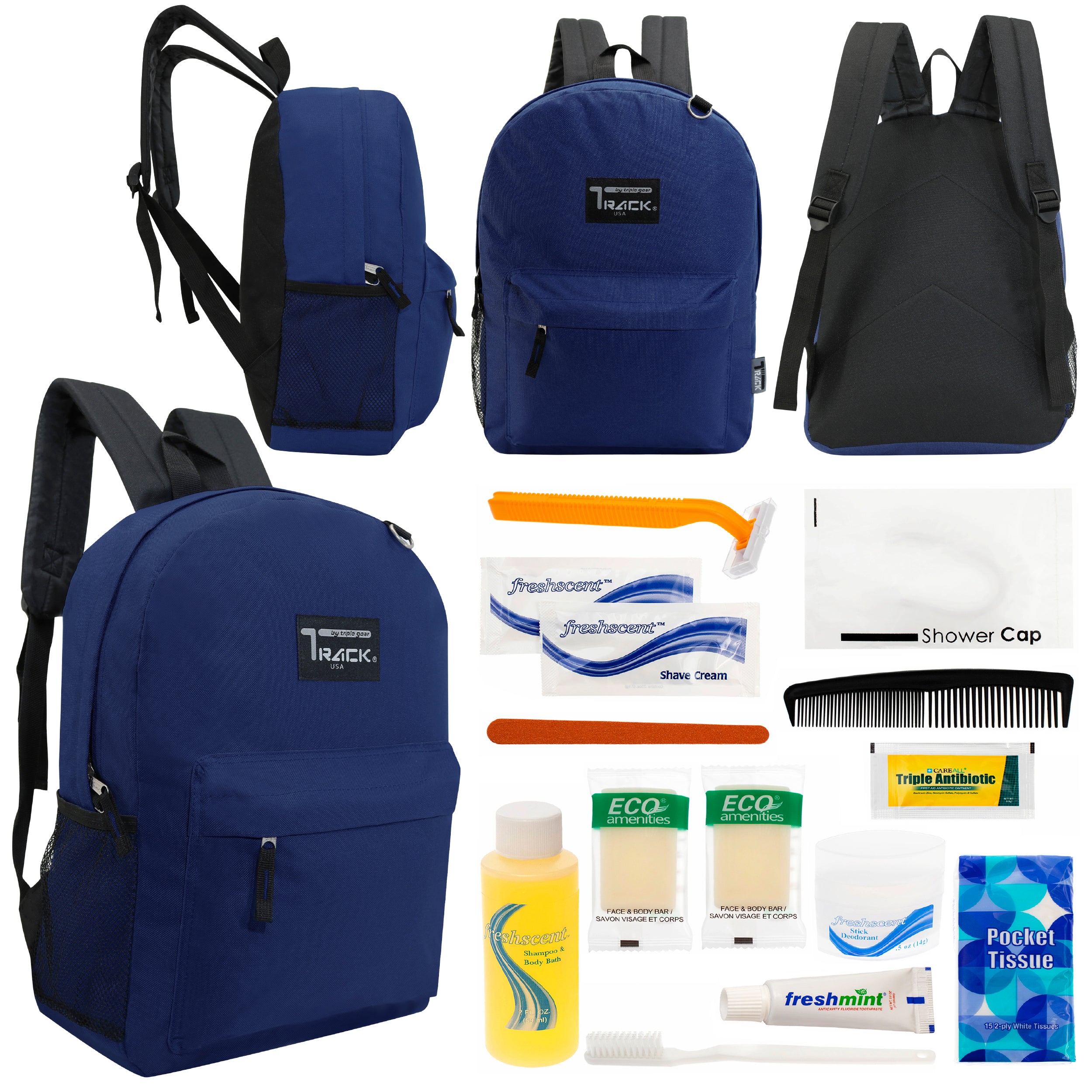 12 Classic 17" Backpacks in Navy Blue & Your Choice of 12 Bulk Hygiene Kits - Wholesale Care Package: Homeless, Emergency, Charity