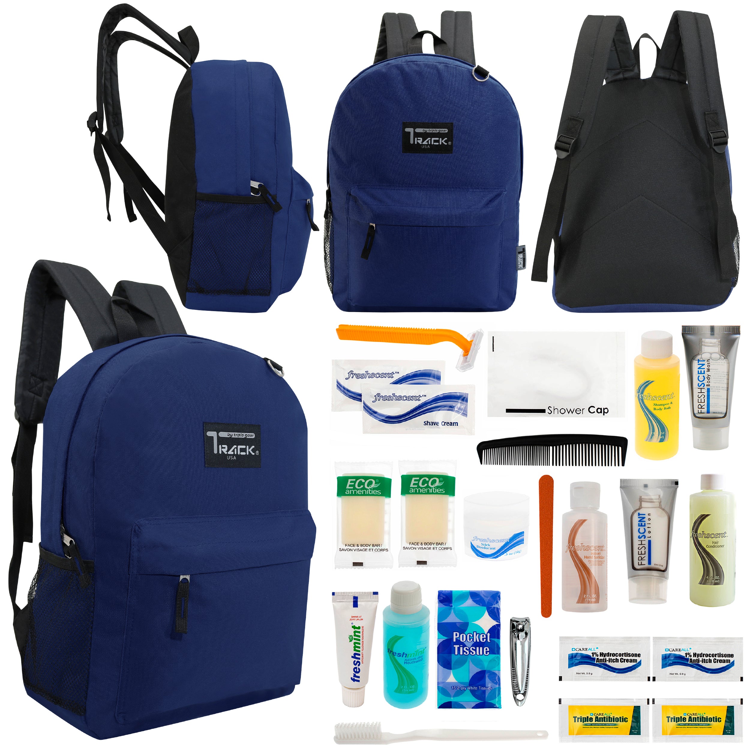 12 Classic 17" Backpacks in Navy Blue & Your Choice of 12 Bulk Hygiene Kits - Wholesale Care Package: Homeless, Emergency, Charity