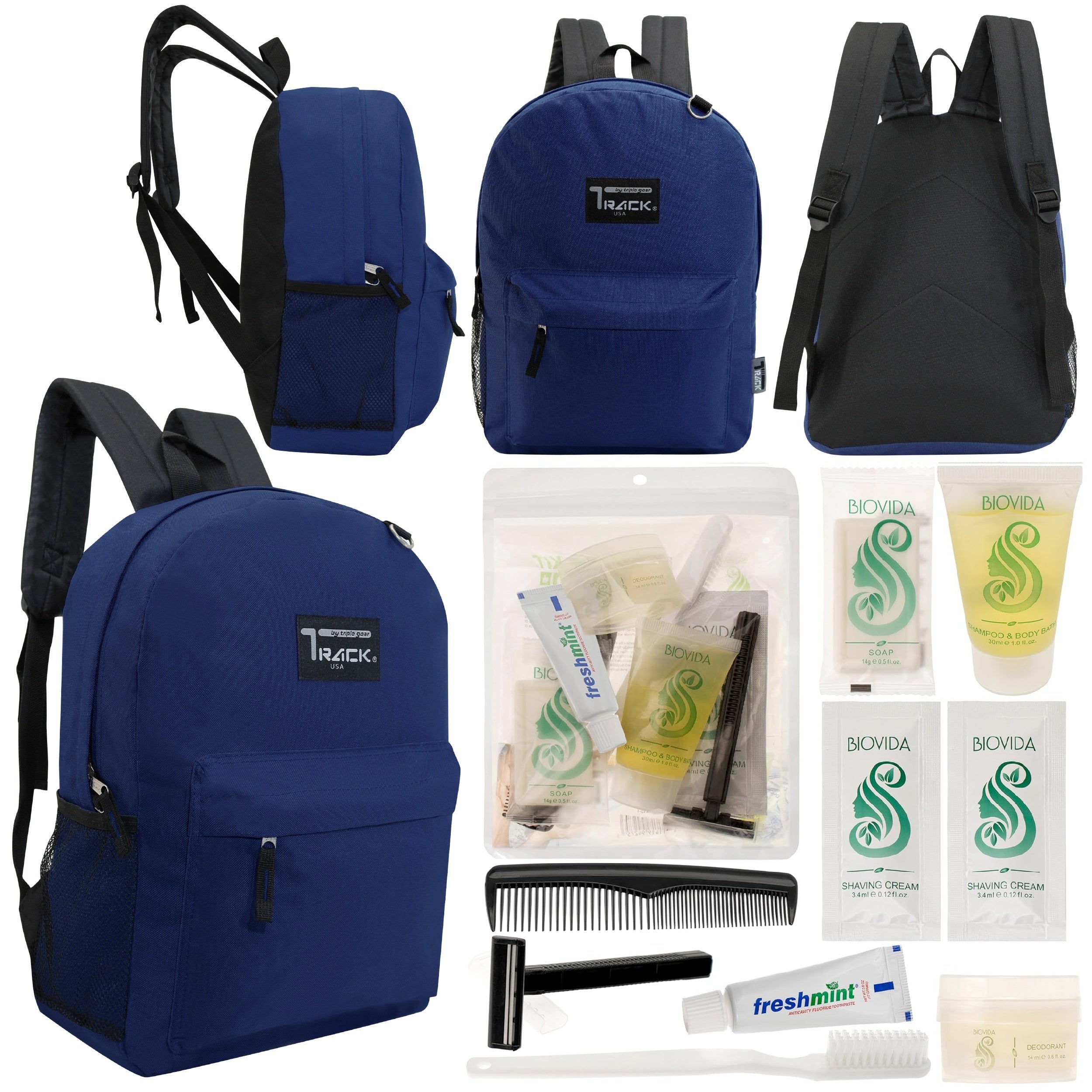 12 Classic 17" Backpacks in Navy Blue & Your Choice of 12 Bulk Hygiene Kits - Wholesale Care Package: Homeless, Emergency, Charity