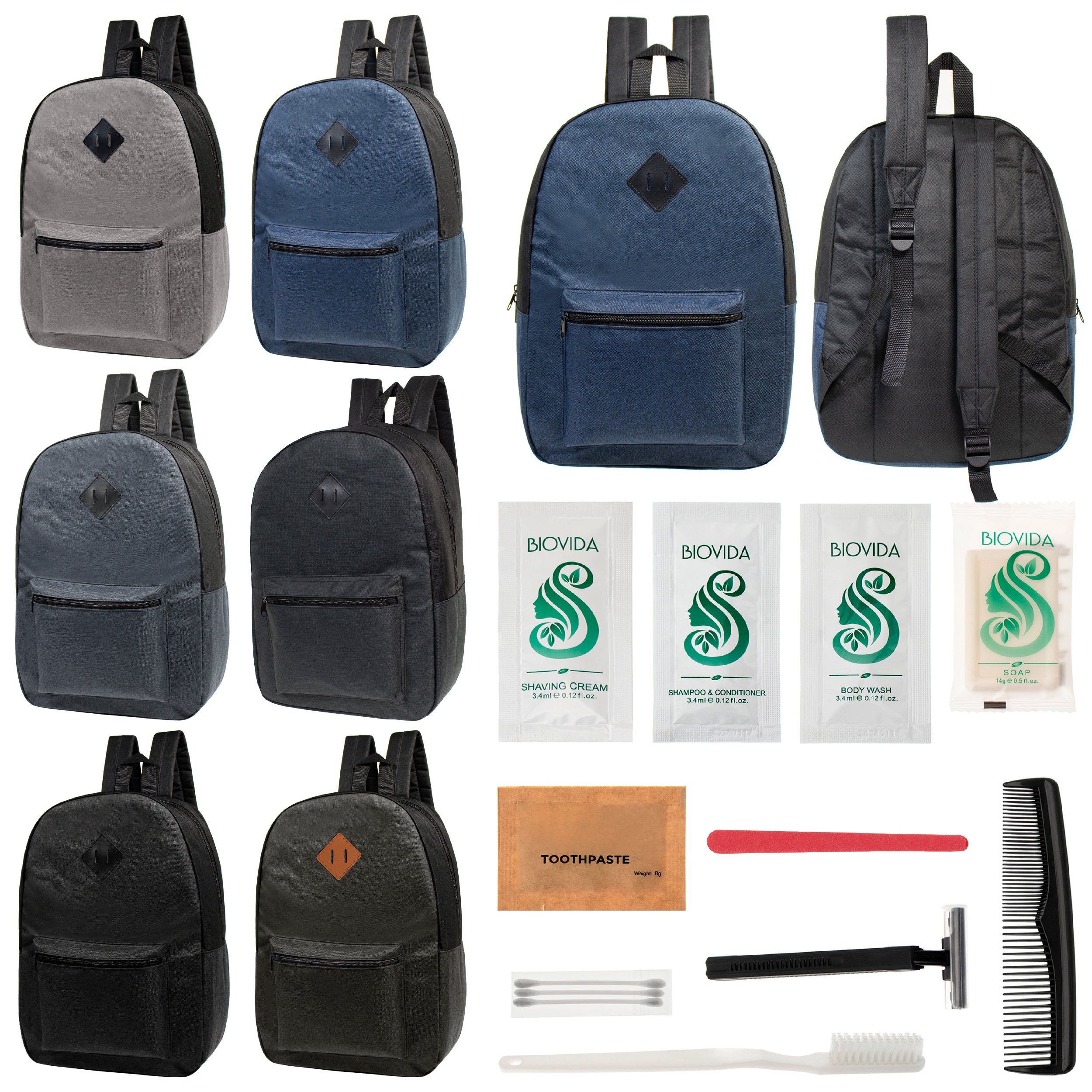 12 Basic Diamond Patch 17" Backpacks in 6 Colors & Your Choice of 12 Bulk Hygiene Kits - Wholesale Care Package: Homeless, Emergency, Charity