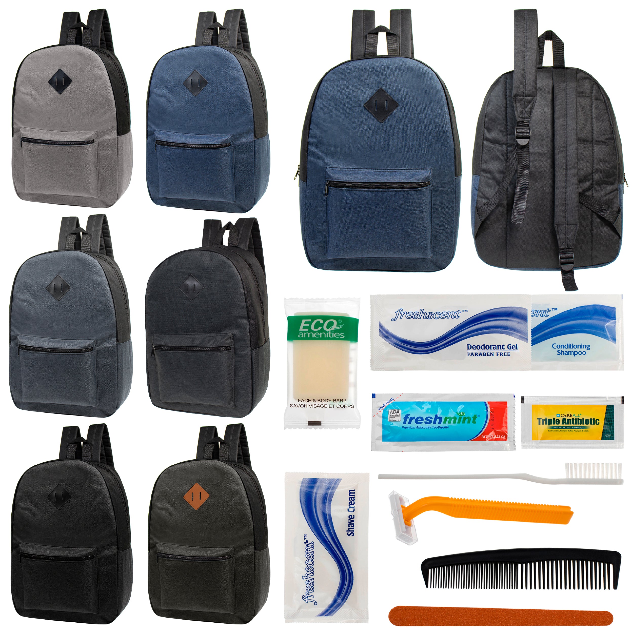 12 Basic Diamond Patch 17" Backpacks in 6 Colors & Your Choice of 12 Bulk Hygiene Kits - Wholesale Care Package: Homeless, Emergency, Charity