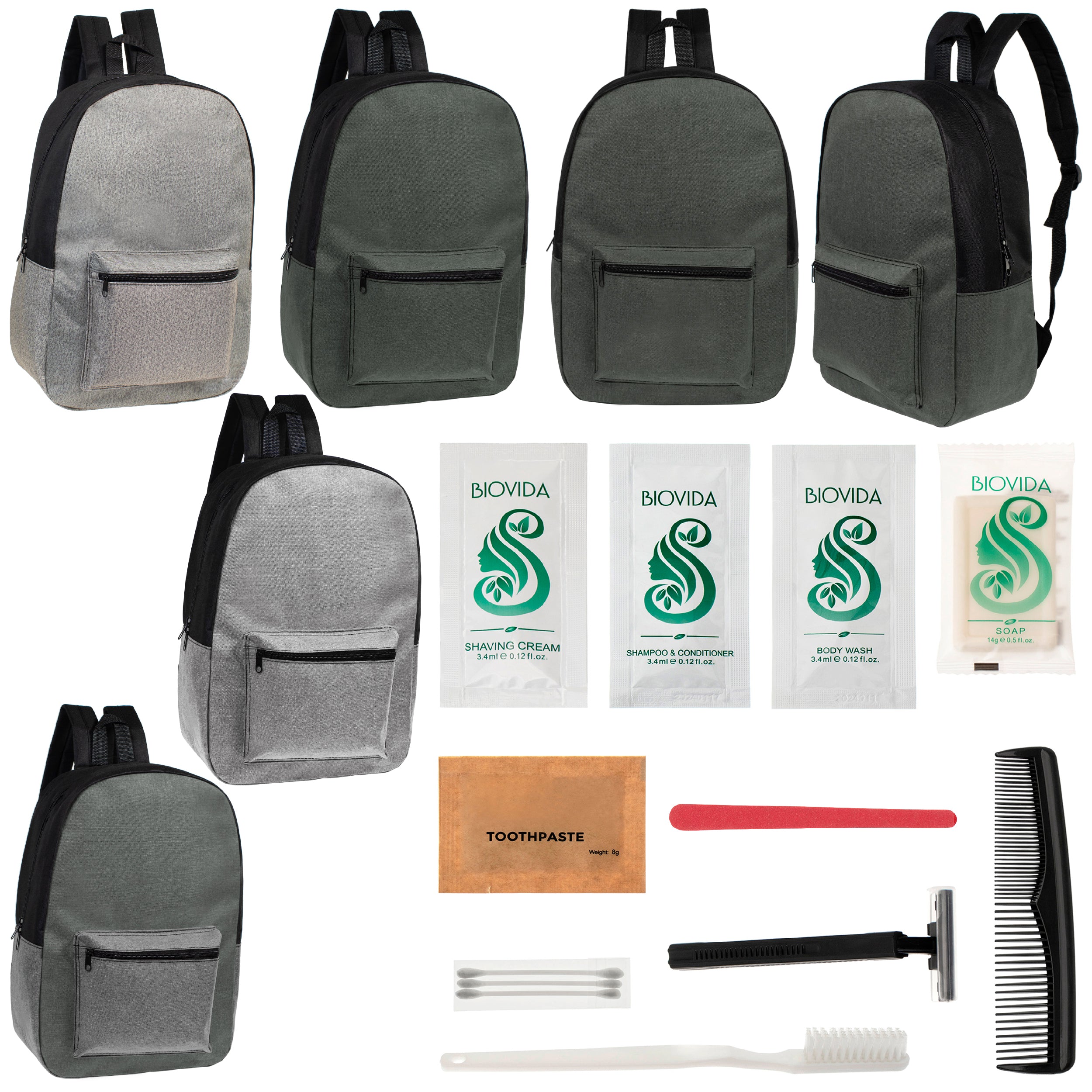 12 Basic Unisex 17" Backpacks in 4 Colors & Your Choice of 12 Bulk Hygiene Kits - Wholesale Care Package: Homeless, Emergency, Charity