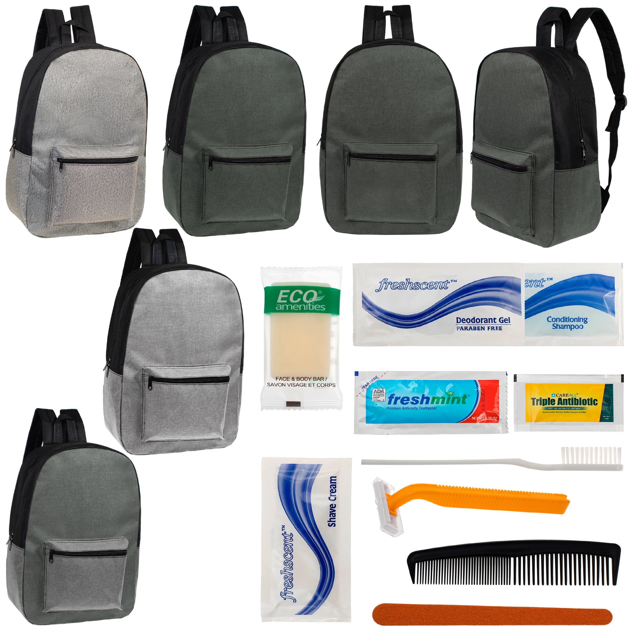 12 Basic Unisex 17" Backpacks in 4 Colors & Your Choice of 12 Bulk Hygiene Kits - Wholesale Care Package: Homeless, Emergency, Charity