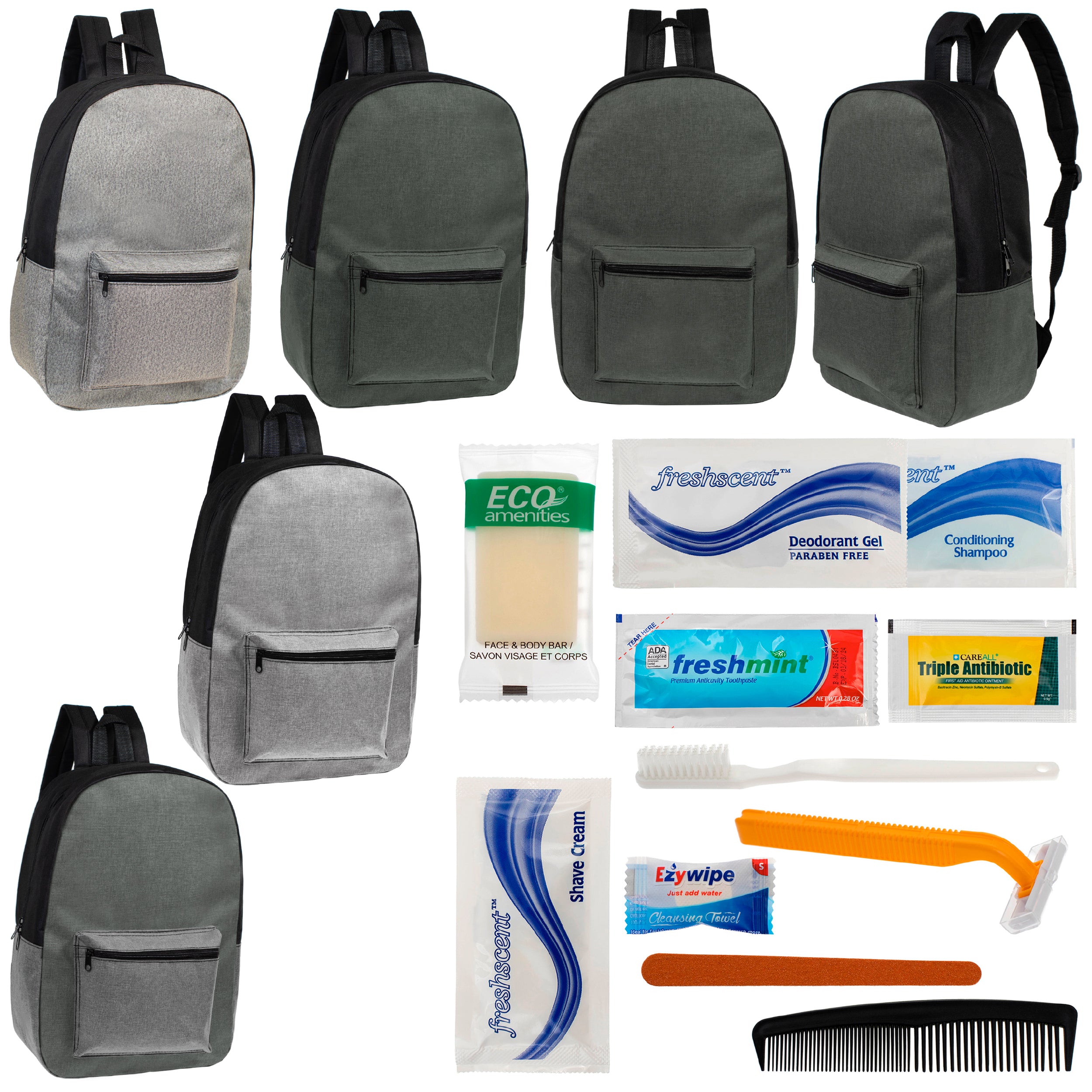 12 Basic Unisex 17" Backpacks in 4 Colors & Your Choice of 12 Bulk Hygiene Kits - Wholesale Care Package: Homeless, Emergency, Charity