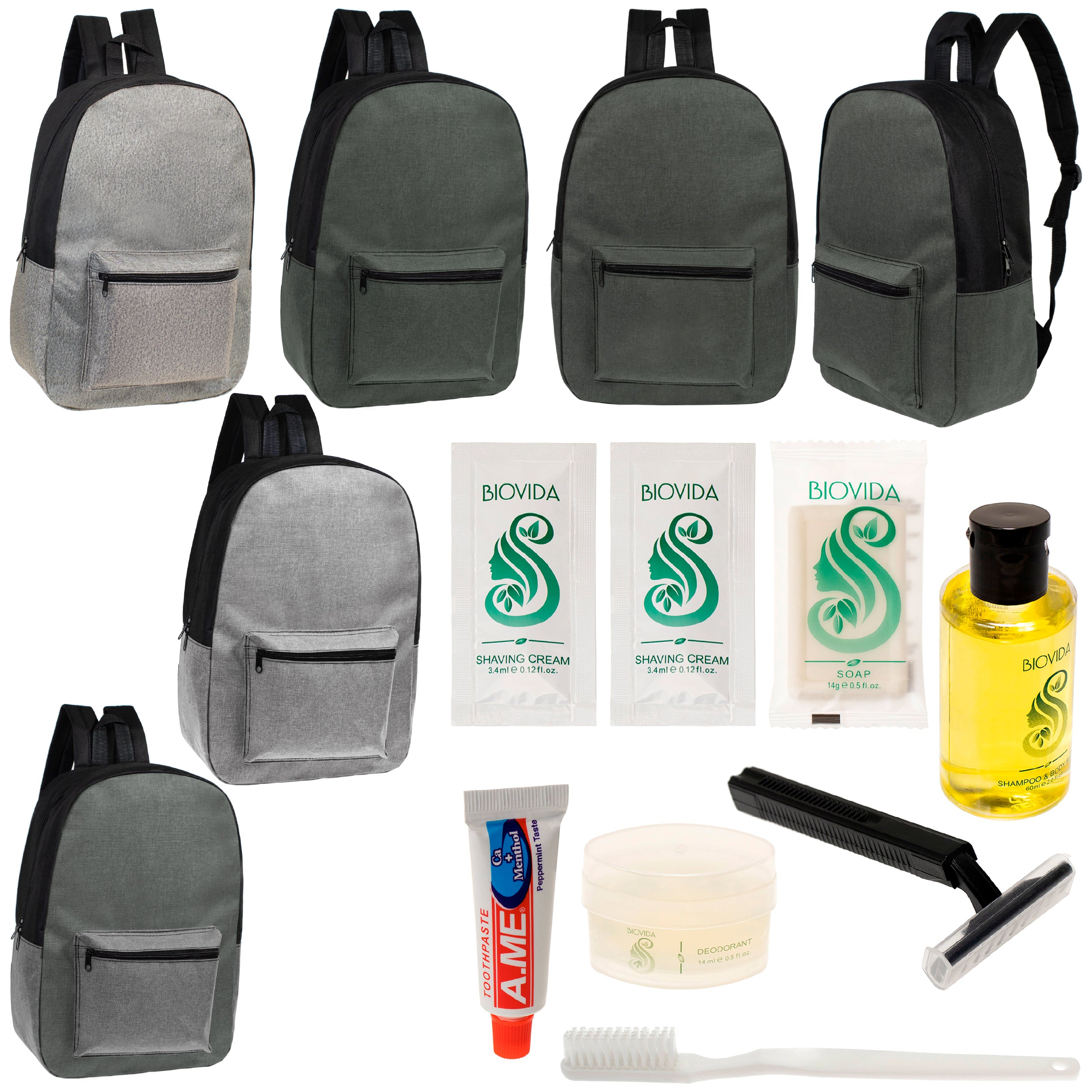 12 Basic Unisex 17" Backpacks in 4 Colors & Your Choice of 12 Bulk Hygiene Kits - Wholesale Care Package: Homeless, Emergency, Charity