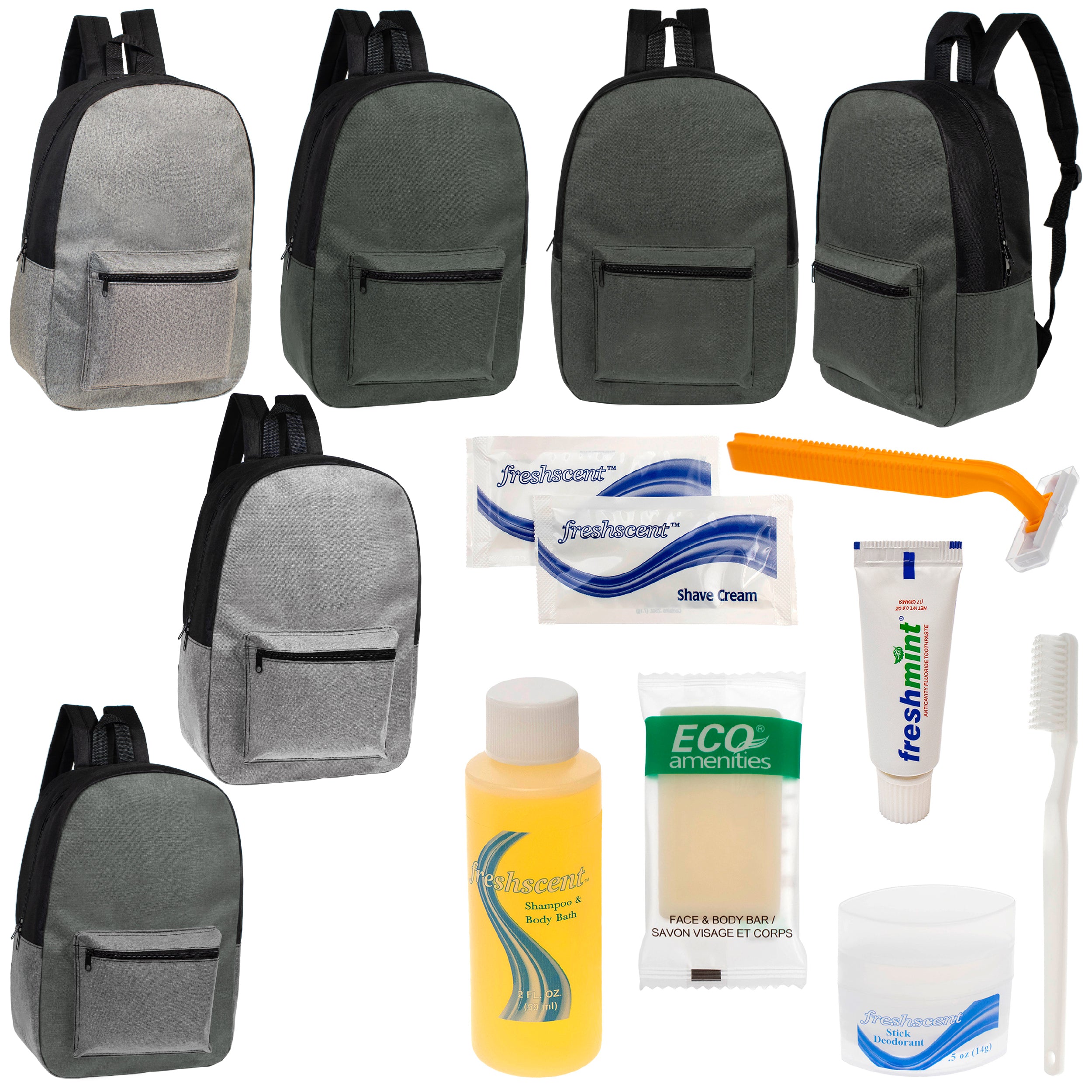 12 Basic Unisex 17" Backpacks in 4 Colors & Your Choice of 12 Bulk Hygiene Kits - Wholesale Care Package: Homeless, Emergency, Charity