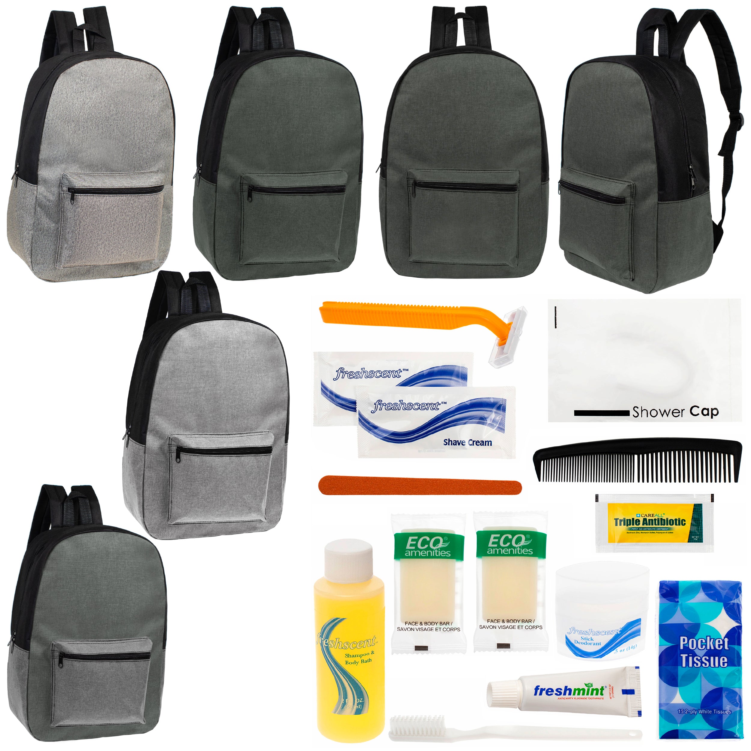 12 Basic Unisex 17" Backpacks in 4 Colors & Your Choice of 12 Bulk Hygiene Kits - Wholesale Care Package: Homeless, Emergency, Charity