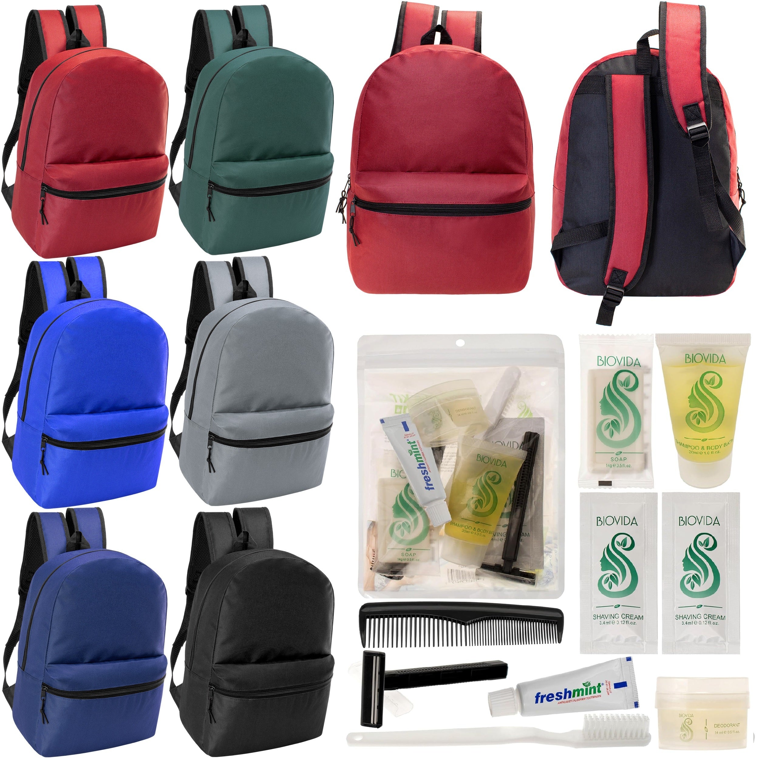 12 17" Classic Backpacks in 6 Assorted Colors & Your Choice of 12 Bulk Hygiene Kits - Wholesale Care Package: Homeless, Emergency, Charity