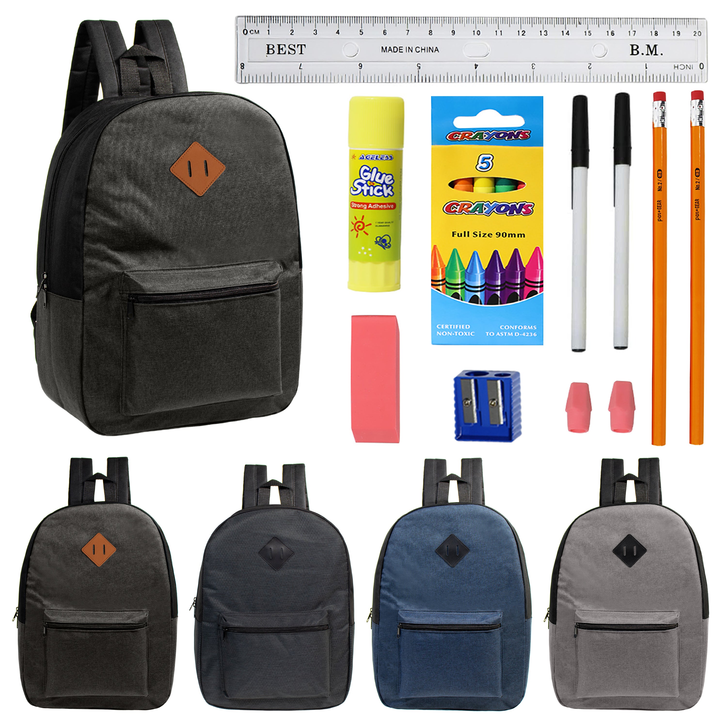 12 Wholesale Diamond Patch Backpacks in 4 Colors & 12 Bulk School Supply Kits of Your Choice