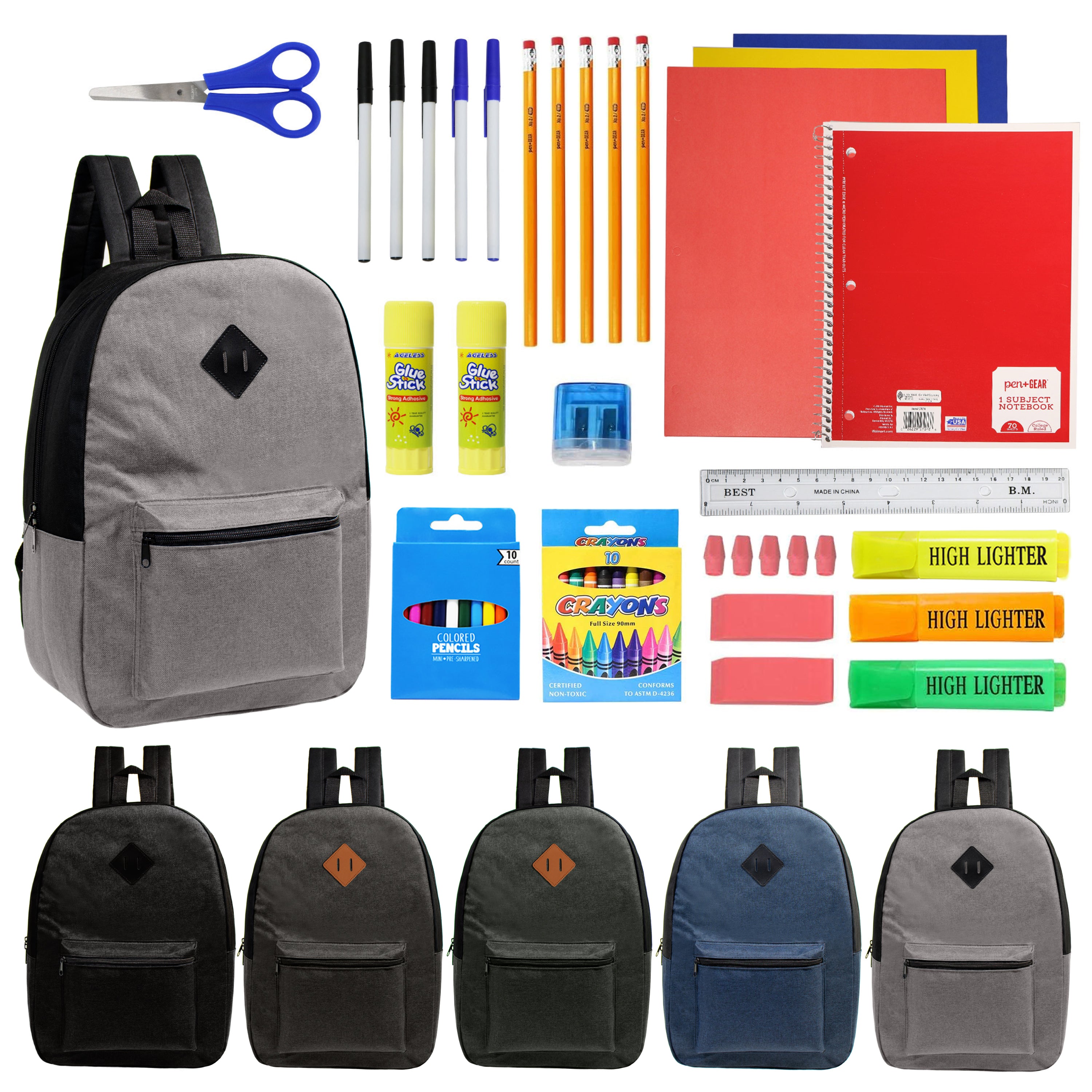 12 Wholesale 17" Diamond Patch Backpacks and 12 Bulk School Supply Kits of Your Choice