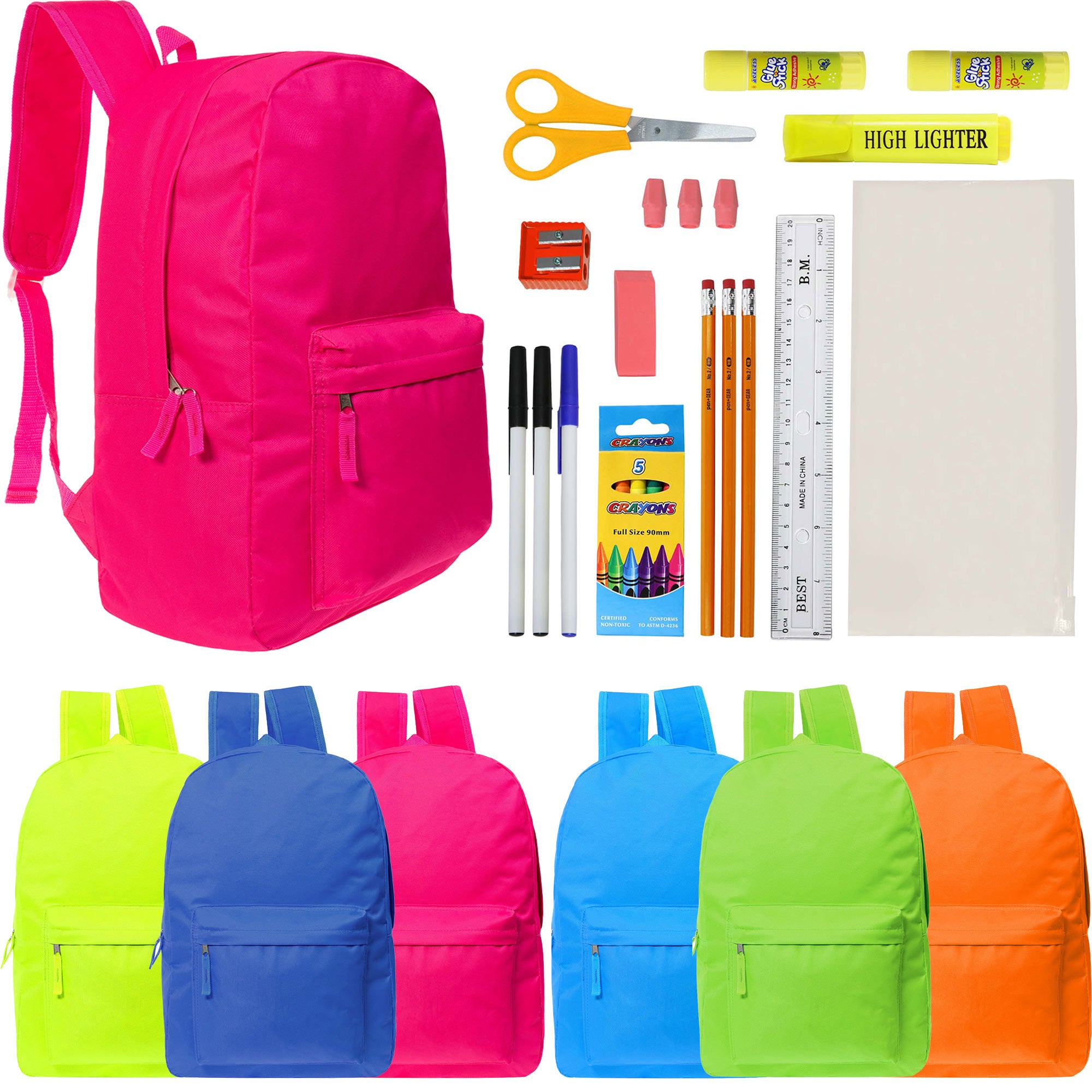 12 Wholesale Backpacks in 6 Bright Colors & 12 Bulk School Supply Kits of Your Choice