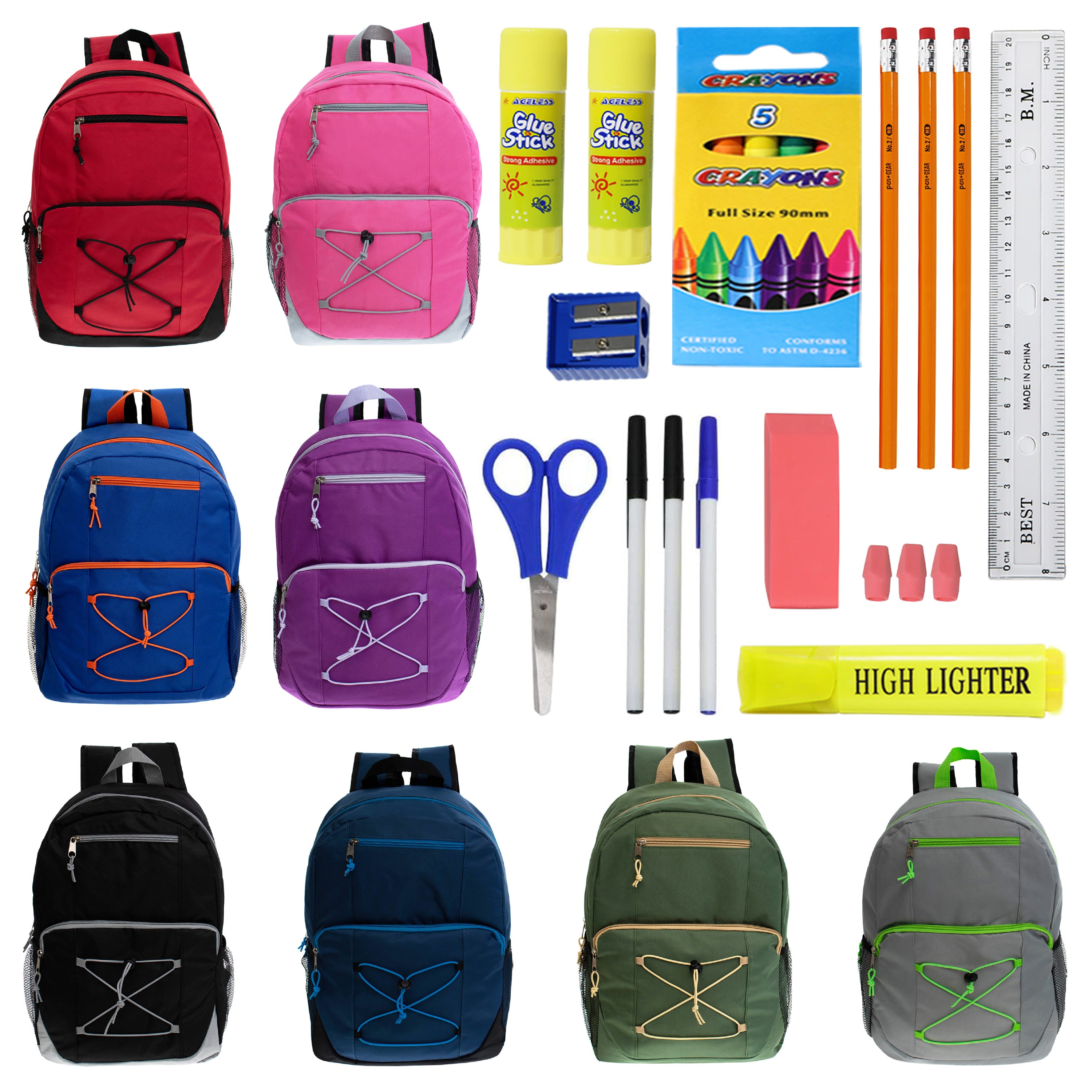 12 Bungee Style 17" Wholesale Backpacks in Assorted Colors & 12 Bulk School Supply Kits of Your Choice