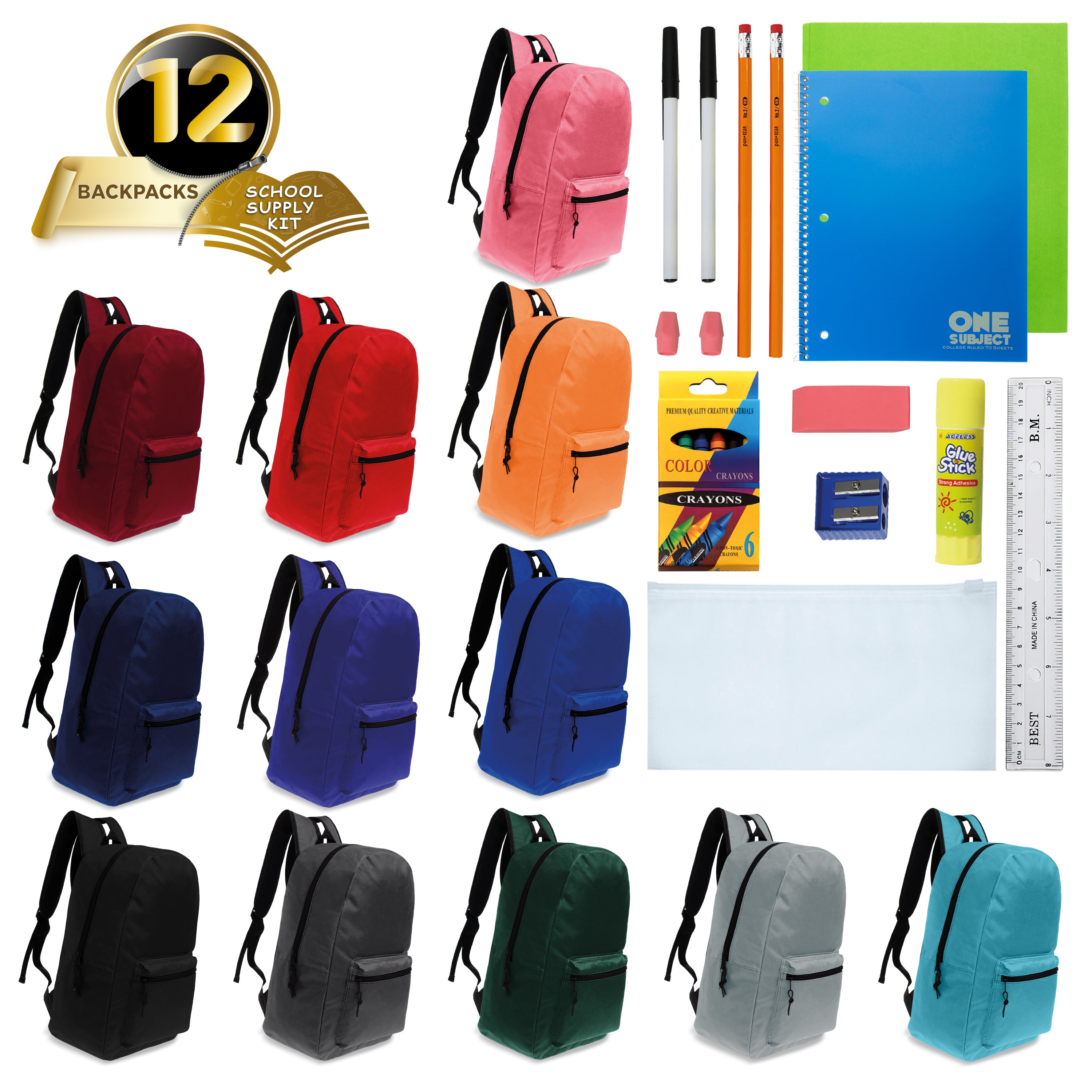 12 Wholesale Kids 15" Backpacks in Assorted Colors and 12 Bulk School Supply Kits of Your Choice