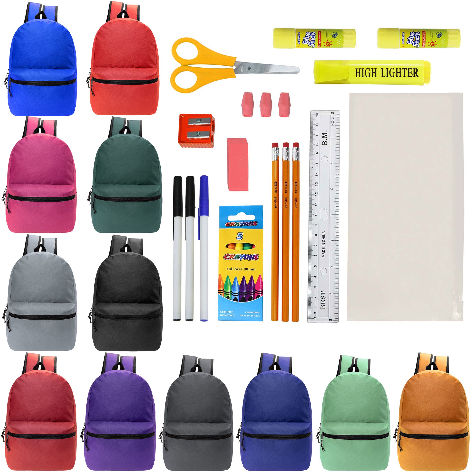 12 Wholesale Blank 18.5" Backpacks in 12 Assorted Colors and 12 Bulk School Supply Kits of Your Choice