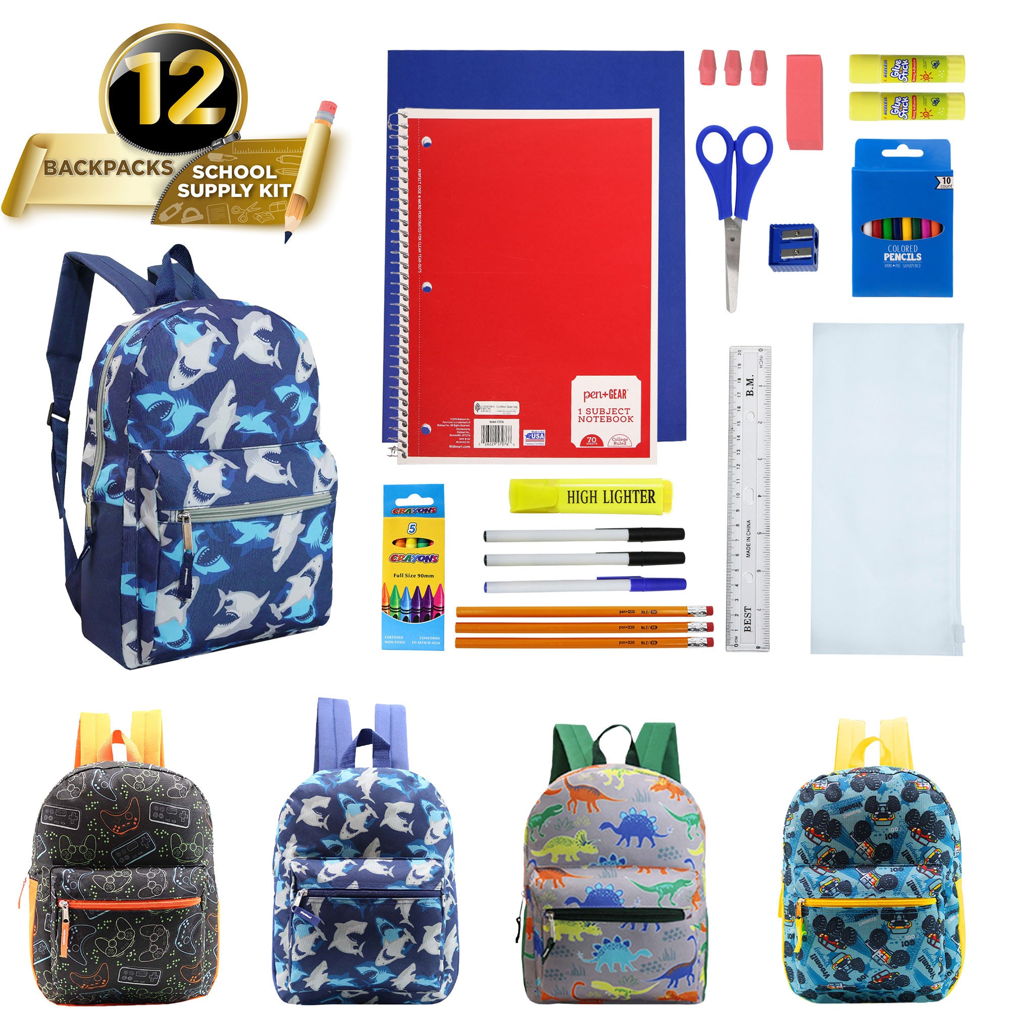 12 Wholesale 15" Printed Kids Backpacks & 12 Bulk School Supply Kits of Your Choice