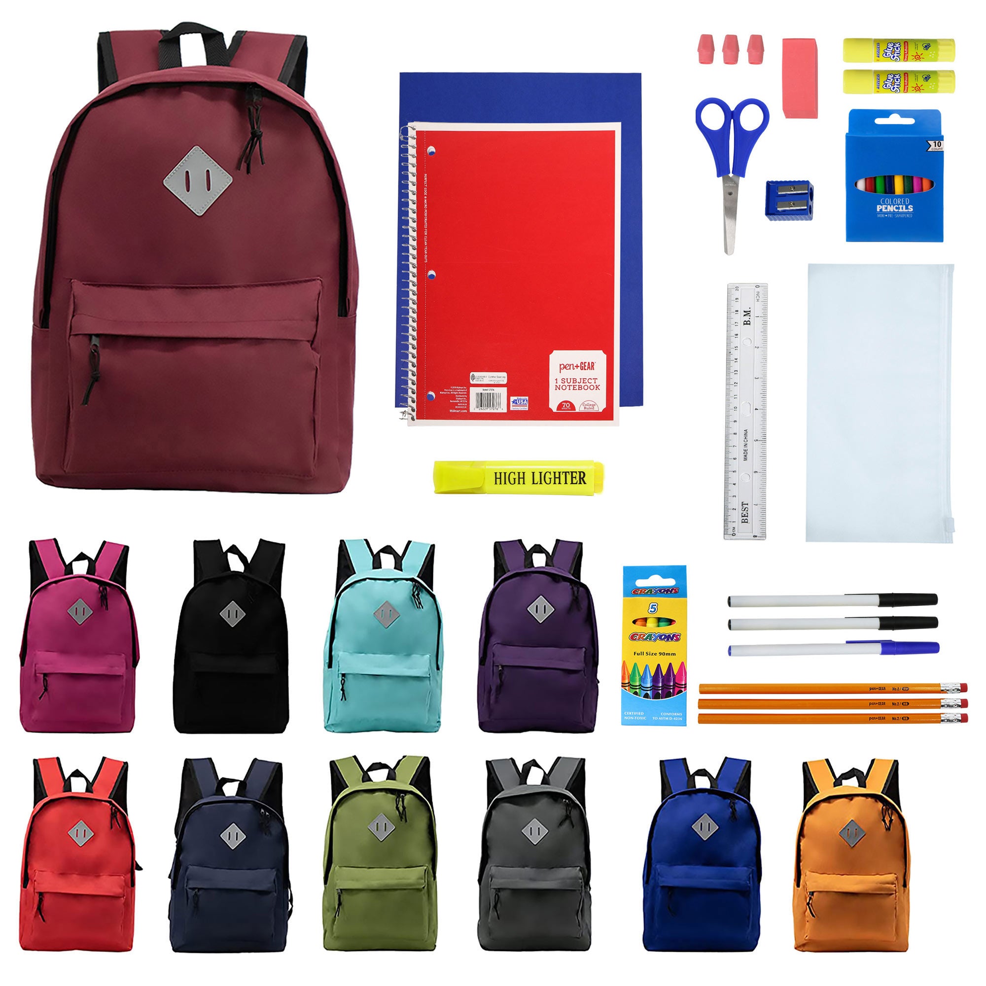 12 Wholesale 17" Backpacks with a Designer Inspired Patch & 12 Bulk School Supply Kits of Your Choice