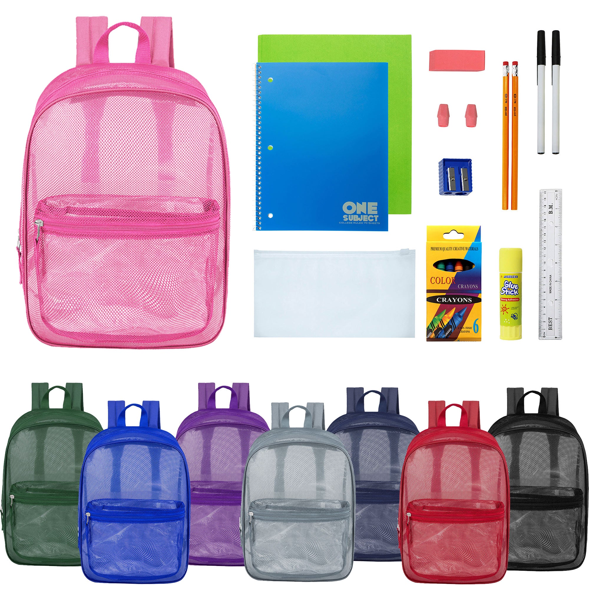 12 Wholesale 17" Mesh Backpacks in Assorted Colors & 12 Bulk School Supply Kits of Your Choice