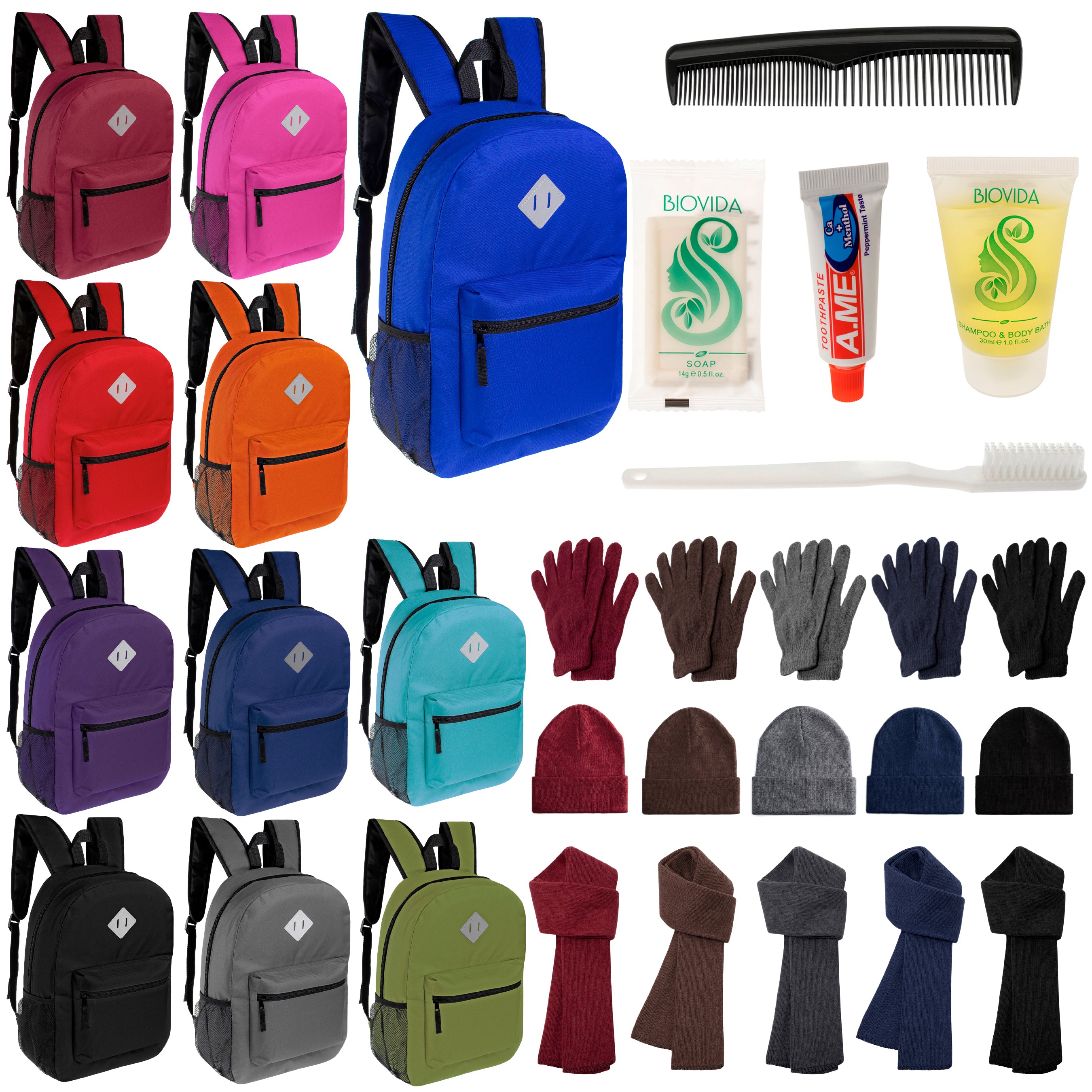 12 Diamond Patch 17" Backpacks, 12 Winter Item Sets & Your Choice of 12 Bulk Hygiene Kits - Wholesale Homeless Care Package