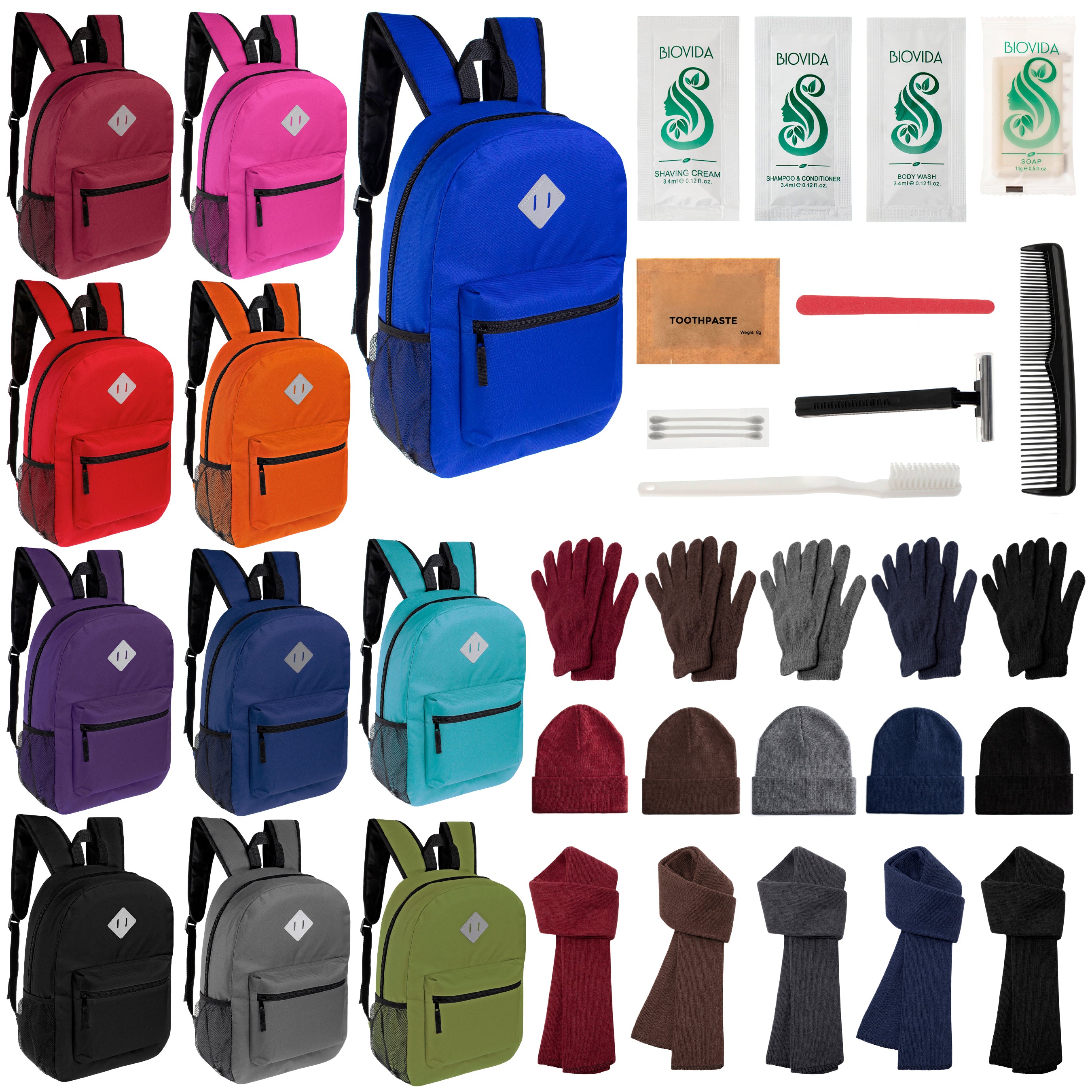 12 Diamond Patch 17" Backpacks, 12 Winter Item Sets & Your Choice of 12 Bulk Hygiene Kits - Wholesale Homeless Care Package