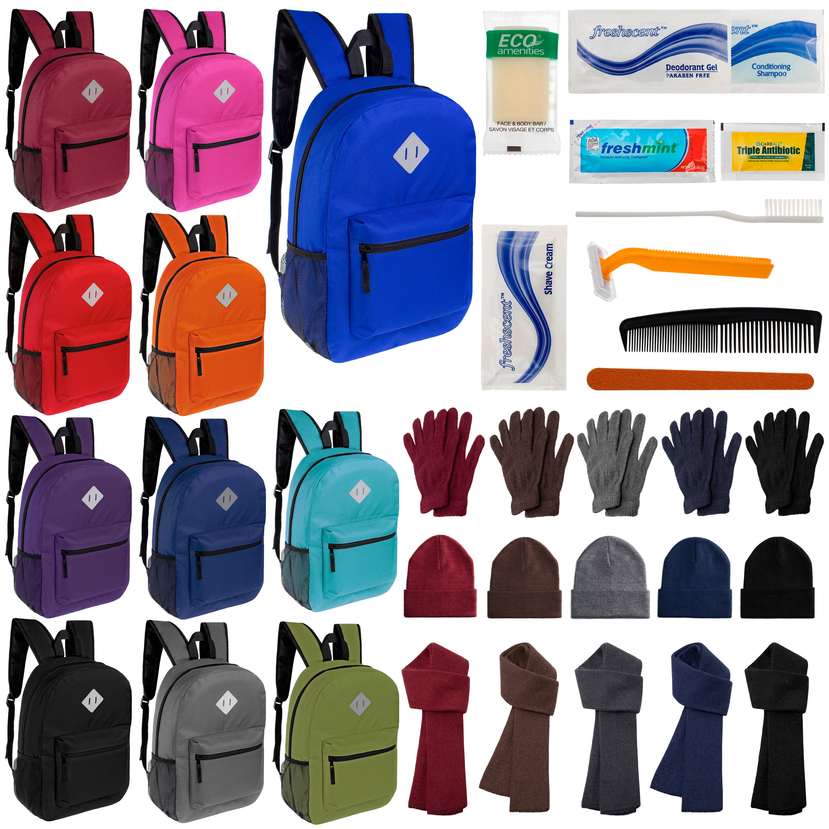 12 Diamond Patch 17" Backpacks, 12 Winter Item Sets & Your Choice of 12 Bulk Hygiene Kits - Wholesale Homeless Care Package