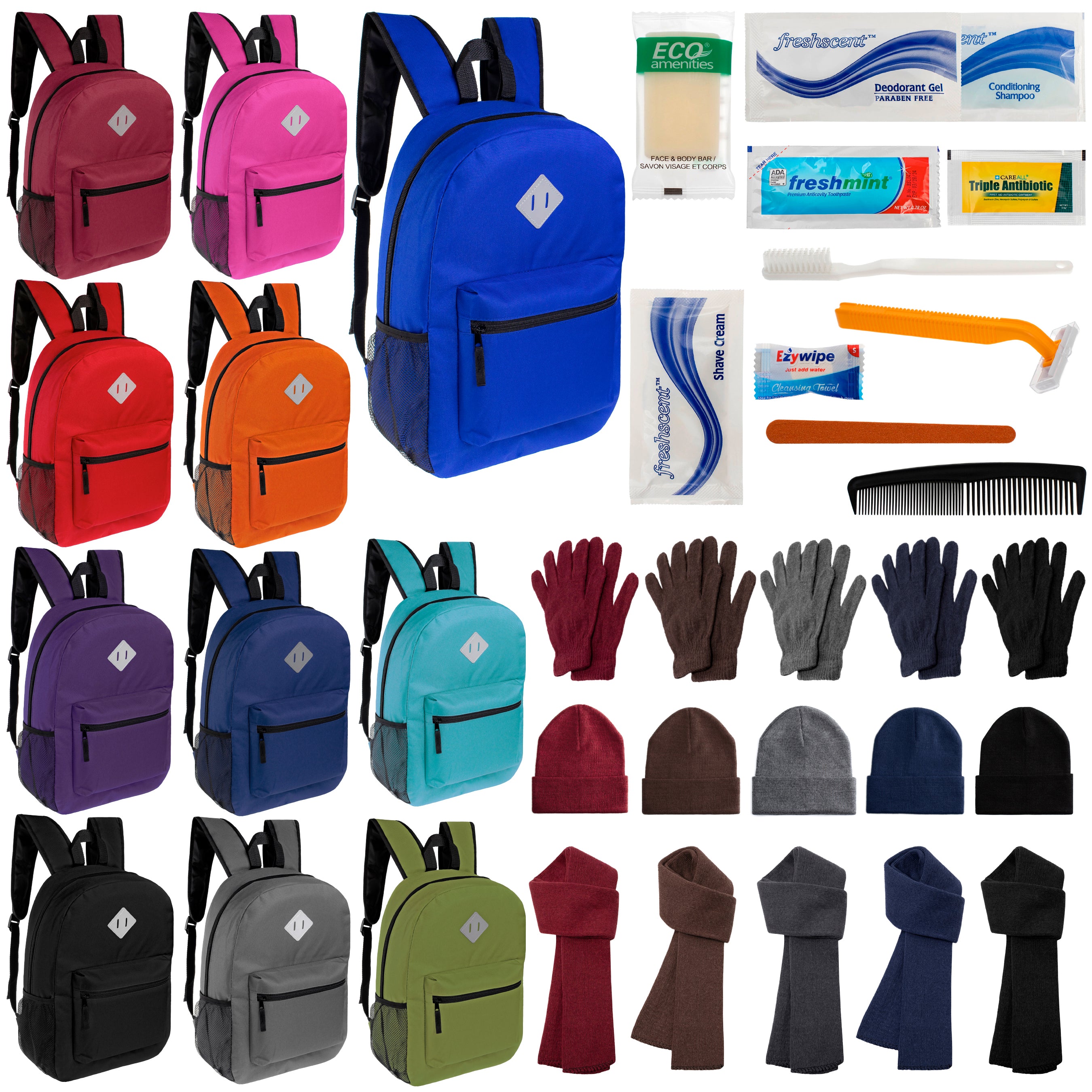 12 Diamond Patch 17" Backpacks, 12 Winter Item Sets & Your Choice of 12 Bulk Hygiene Kits - Wholesale Homeless Care Package