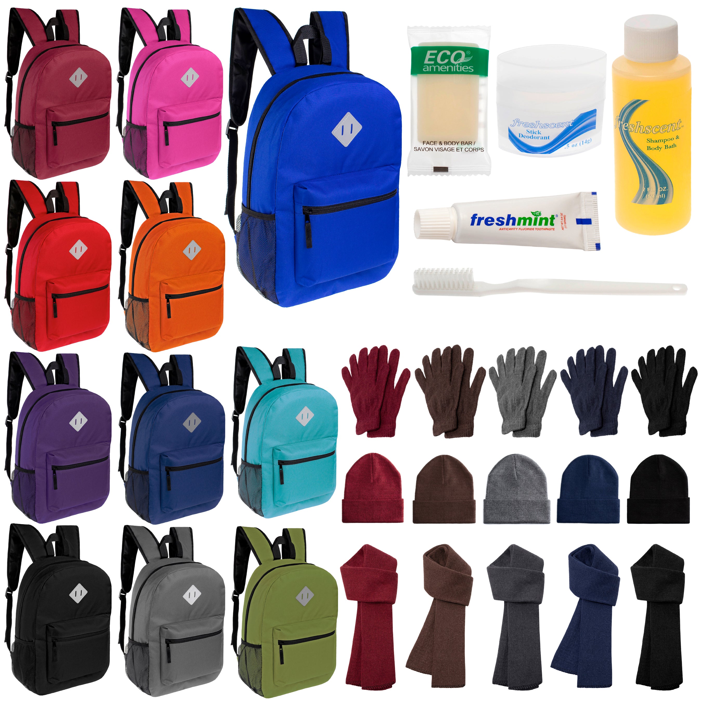 12 Diamond Patch 17" Backpacks, 12 Winter Item Sets & Your Choice of 12 Bulk Hygiene Kits - Wholesale Homeless Care Package