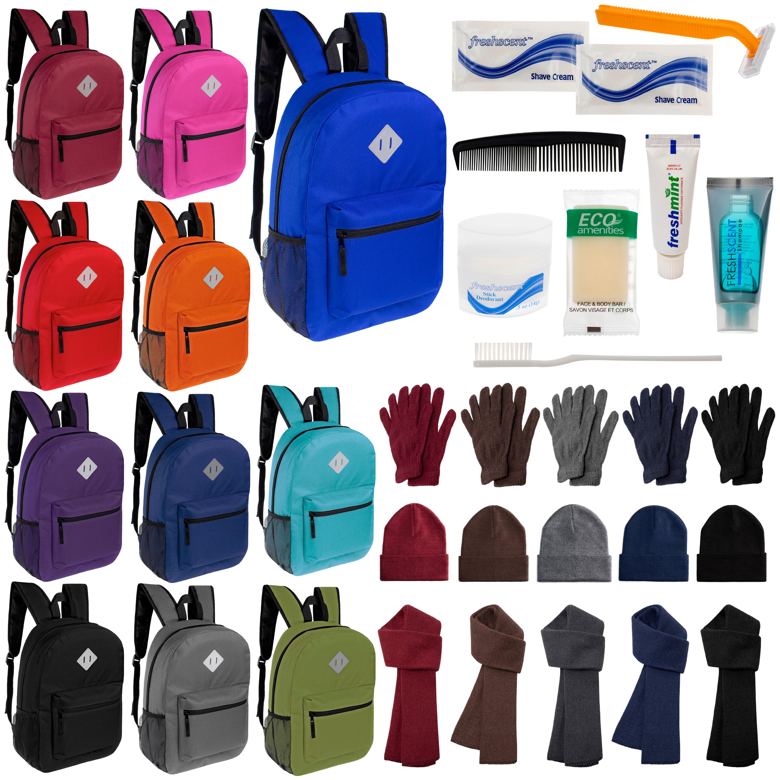 12 Diamond Patch 17" Backpacks, 12 Winter Item Sets & Your Choice of 12 Bulk Hygiene Kits - Wholesale Homeless Care Package