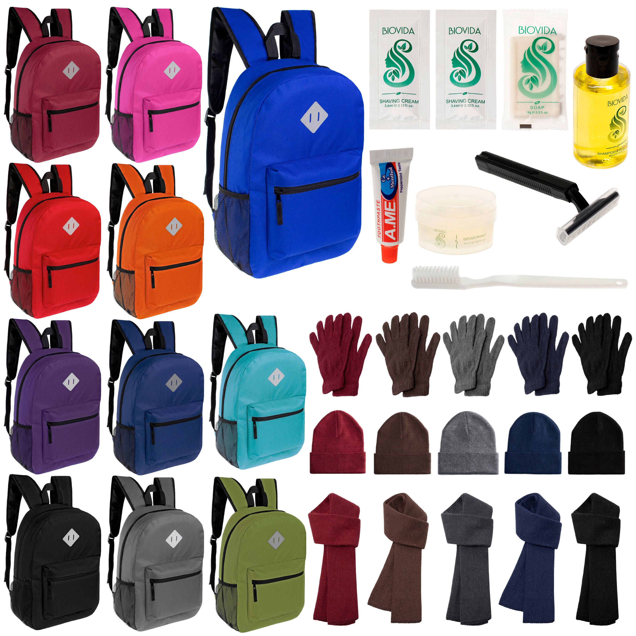 12 Diamond Patch 17" Backpacks, 12 Winter Item Sets & Your Choice of 12 Bulk Hygiene Kits - Wholesale Homeless Care Package