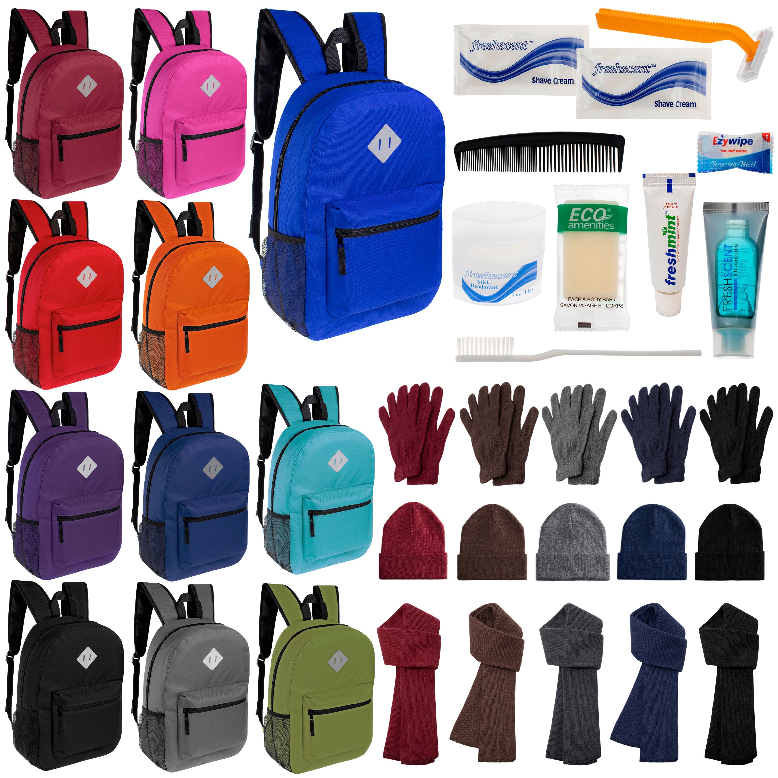 12 Diamond Patch 17" Backpacks, 12 Winter Item Sets & Your Choice of 12 Bulk Hygiene Kits - Wholesale Homeless Care Package