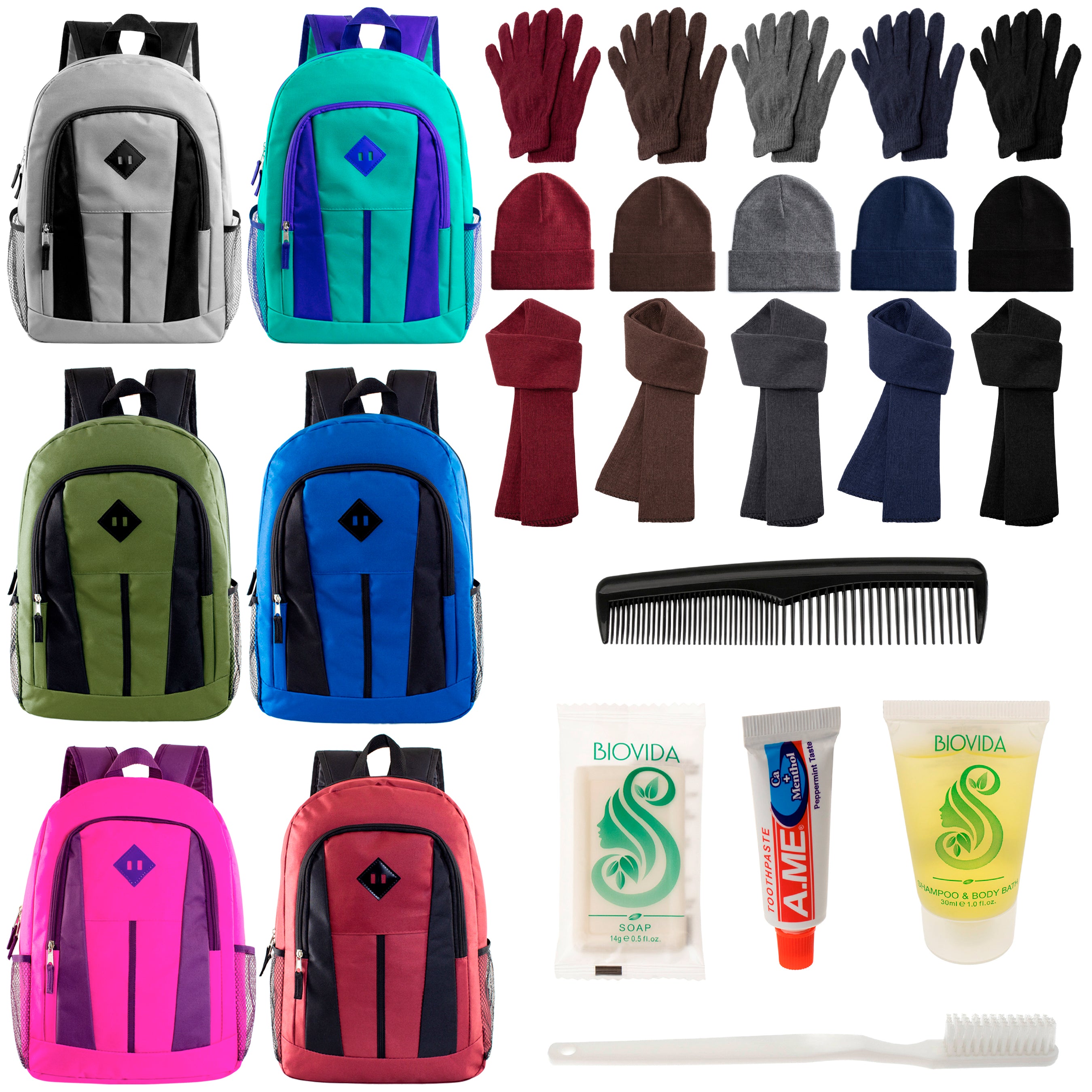 12 Multi-Color 17" Backpacks, 12 Winter Item Sets & Your Choice of 12 Bulk Hygiene Kits - Wholesale Homeless Care Package