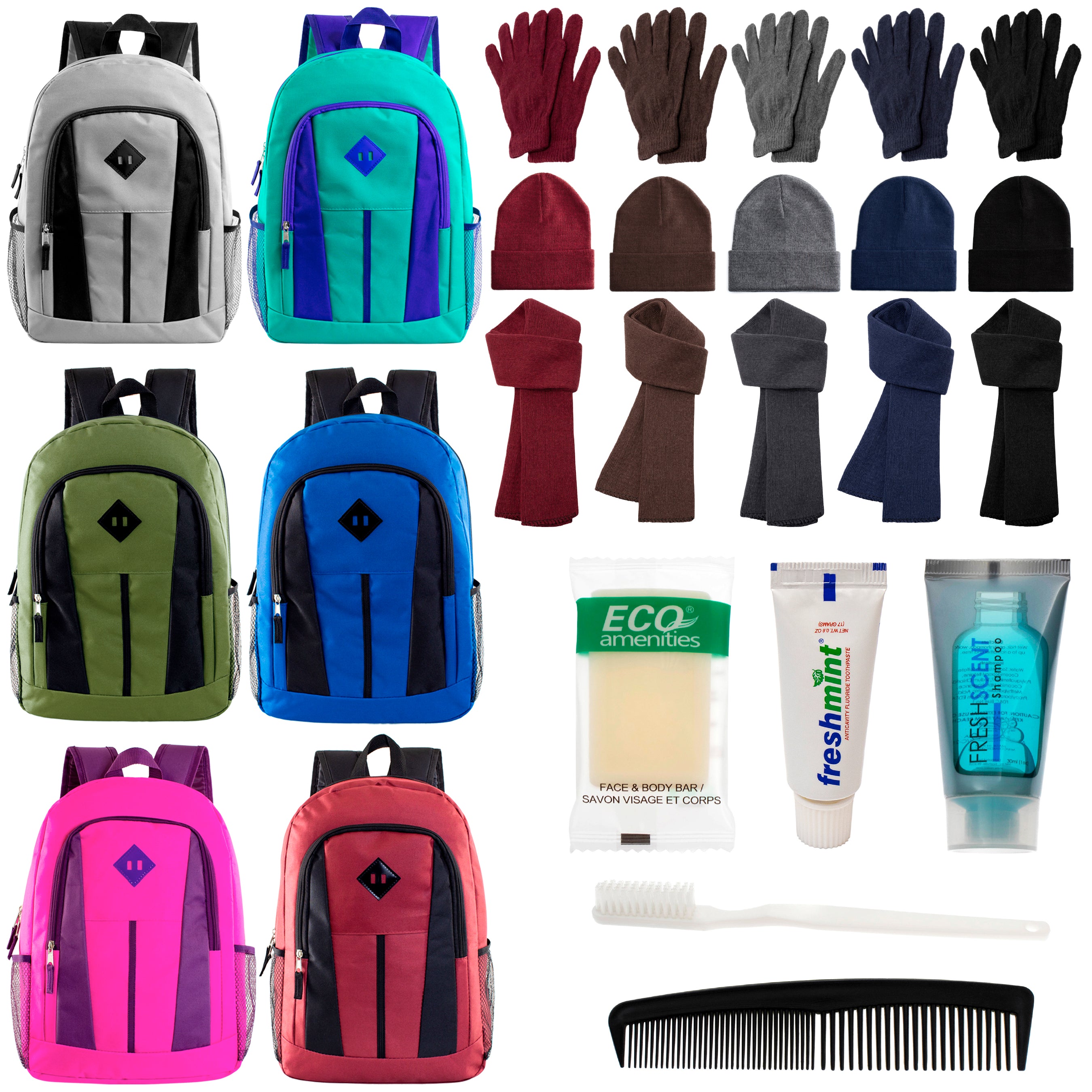 12 Multi-Color 17" Backpacks, 12 Winter Item Sets & Your Choice of 12 Bulk Hygiene Kits - Wholesale Homeless Care Package