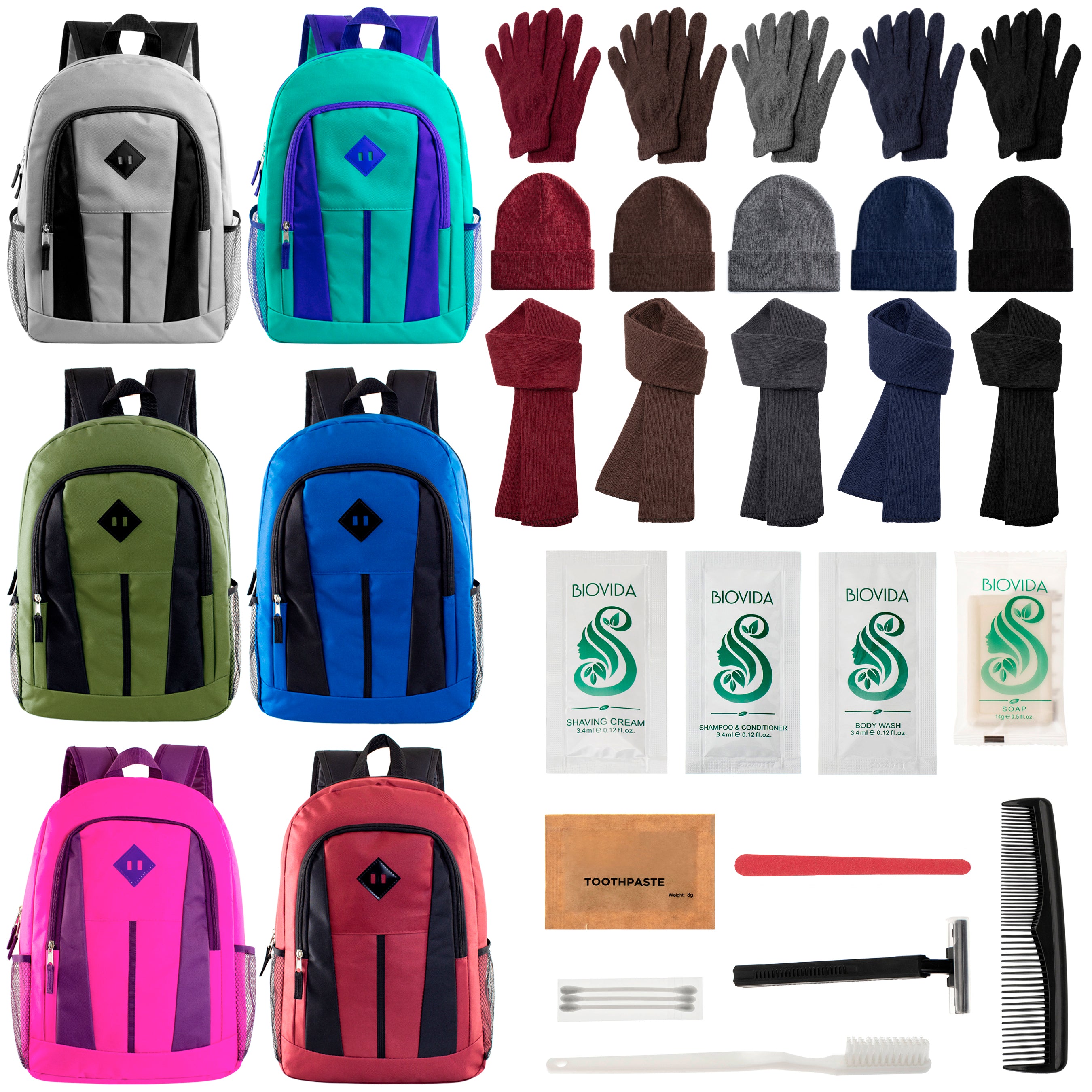 12 Multi-Color 17" Backpacks, 12 Winter Item Sets & Your Choice of 12 Bulk Hygiene Kits - Wholesale Homeless Care Package