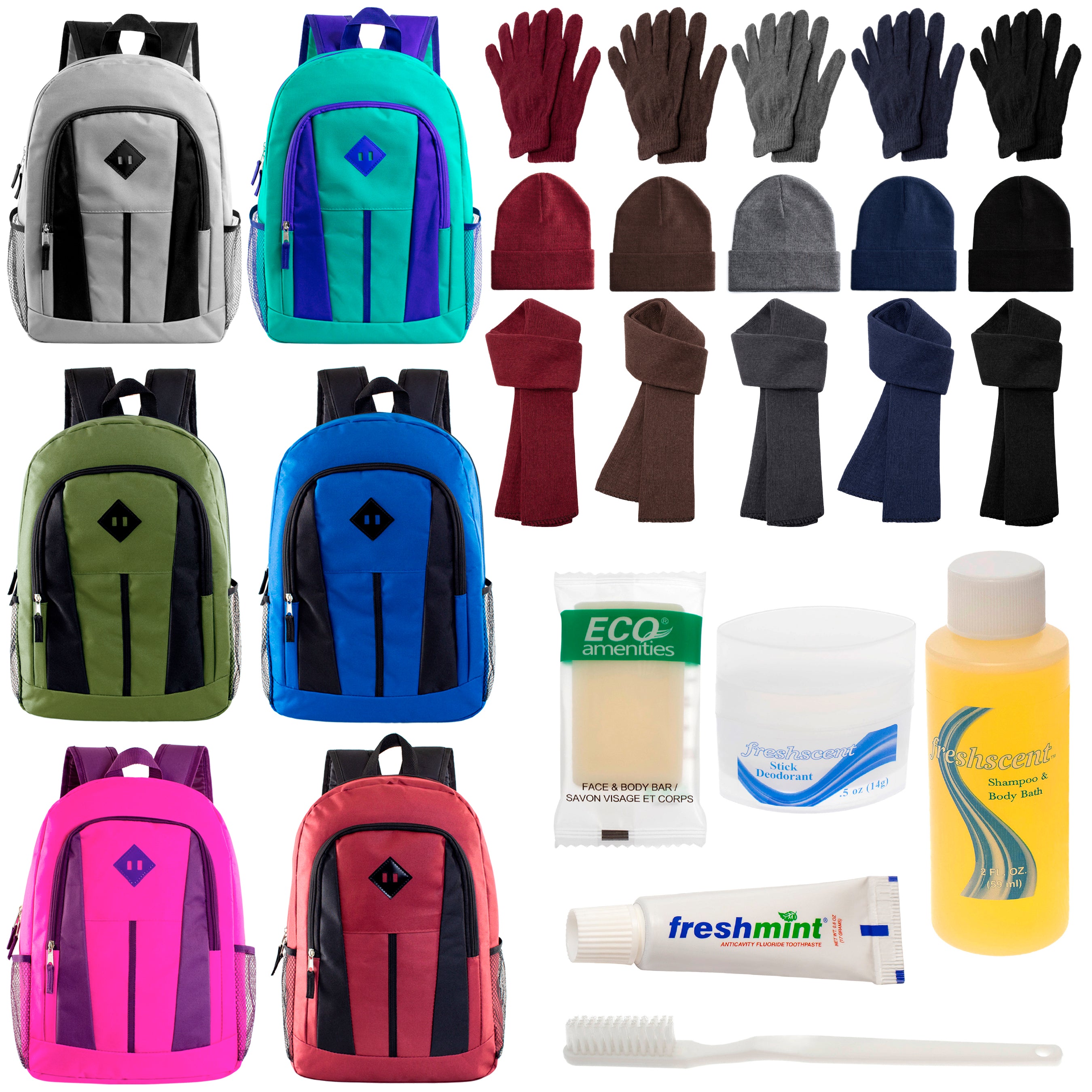 12 Multi-Color 17" Backpacks, 12 Winter Item Sets & Your Choice of 12 Bulk Hygiene Kits - Wholesale Homeless Care Package