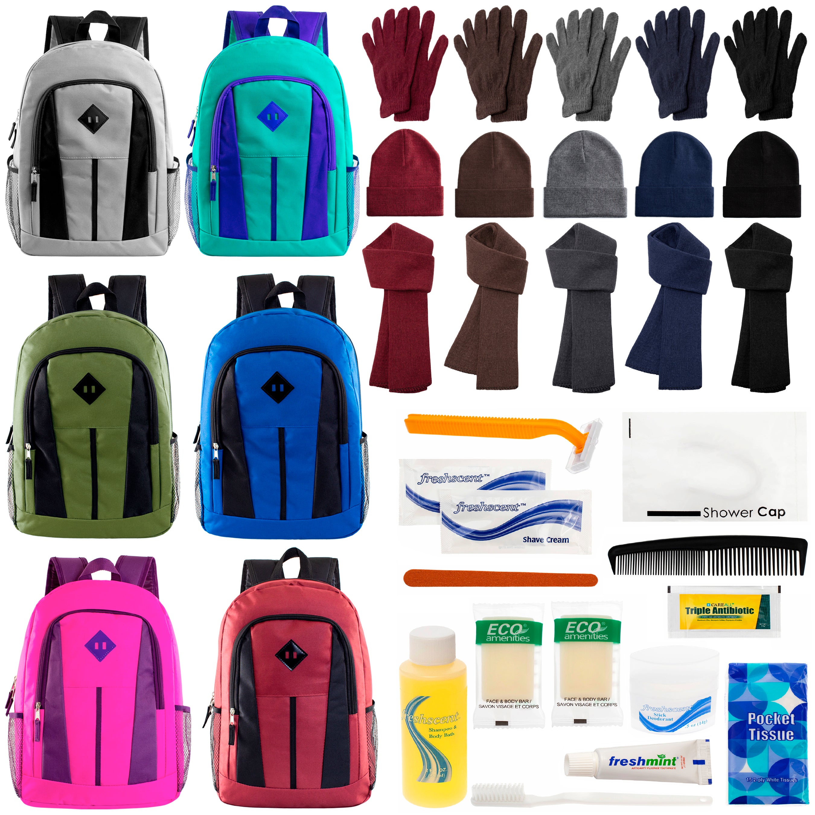 12 Multi-Color 17" Backpacks, 12 Winter Item Sets & Your Choice of 12 Bulk Hygiene Kits - Wholesale Homeless Care Package