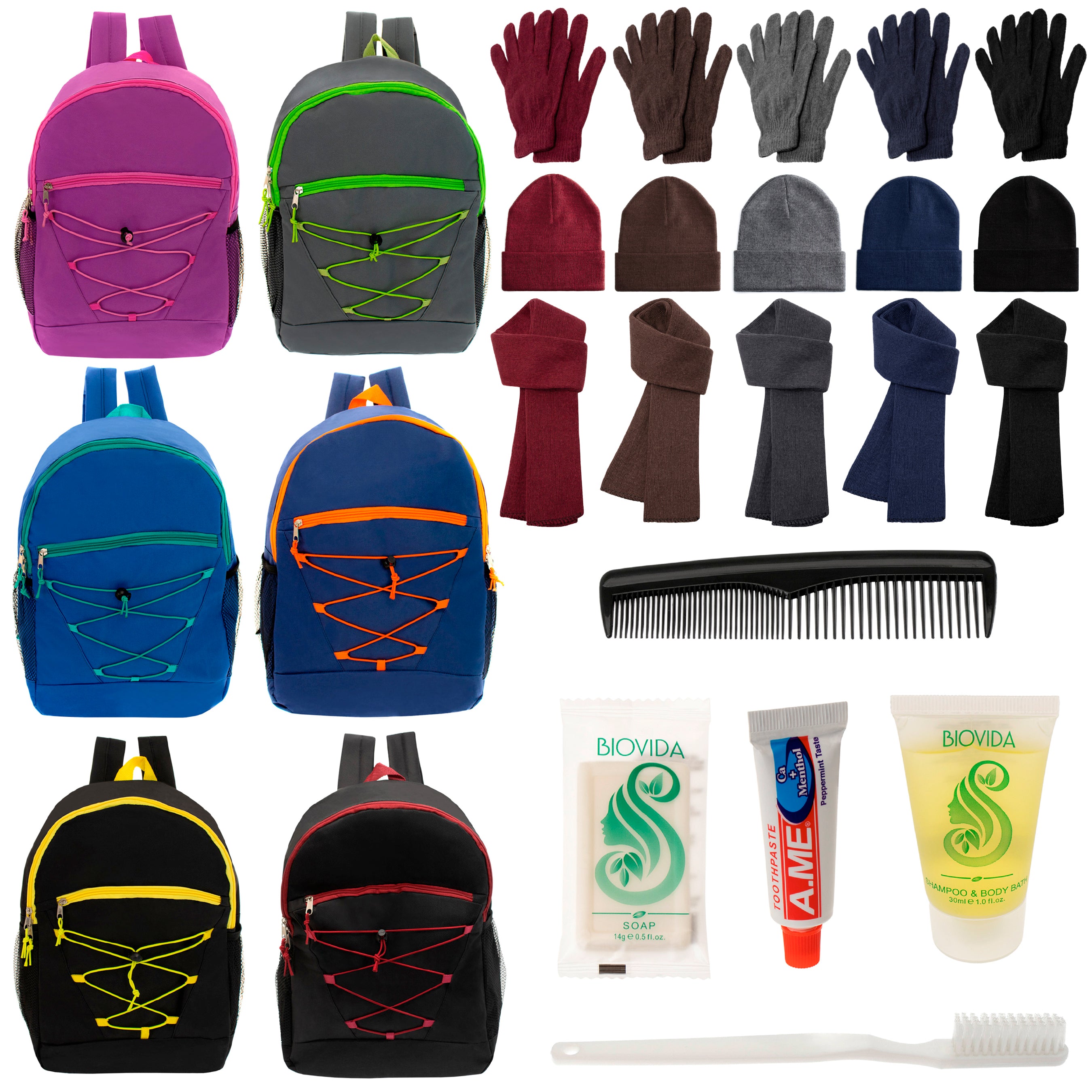 12 Bungee 17" Backpacks in 6 Colors, 12 Winter Item Sets & Your Choice of 12 Bulk Hygiene Kits - Wholesale Homeless Care Package