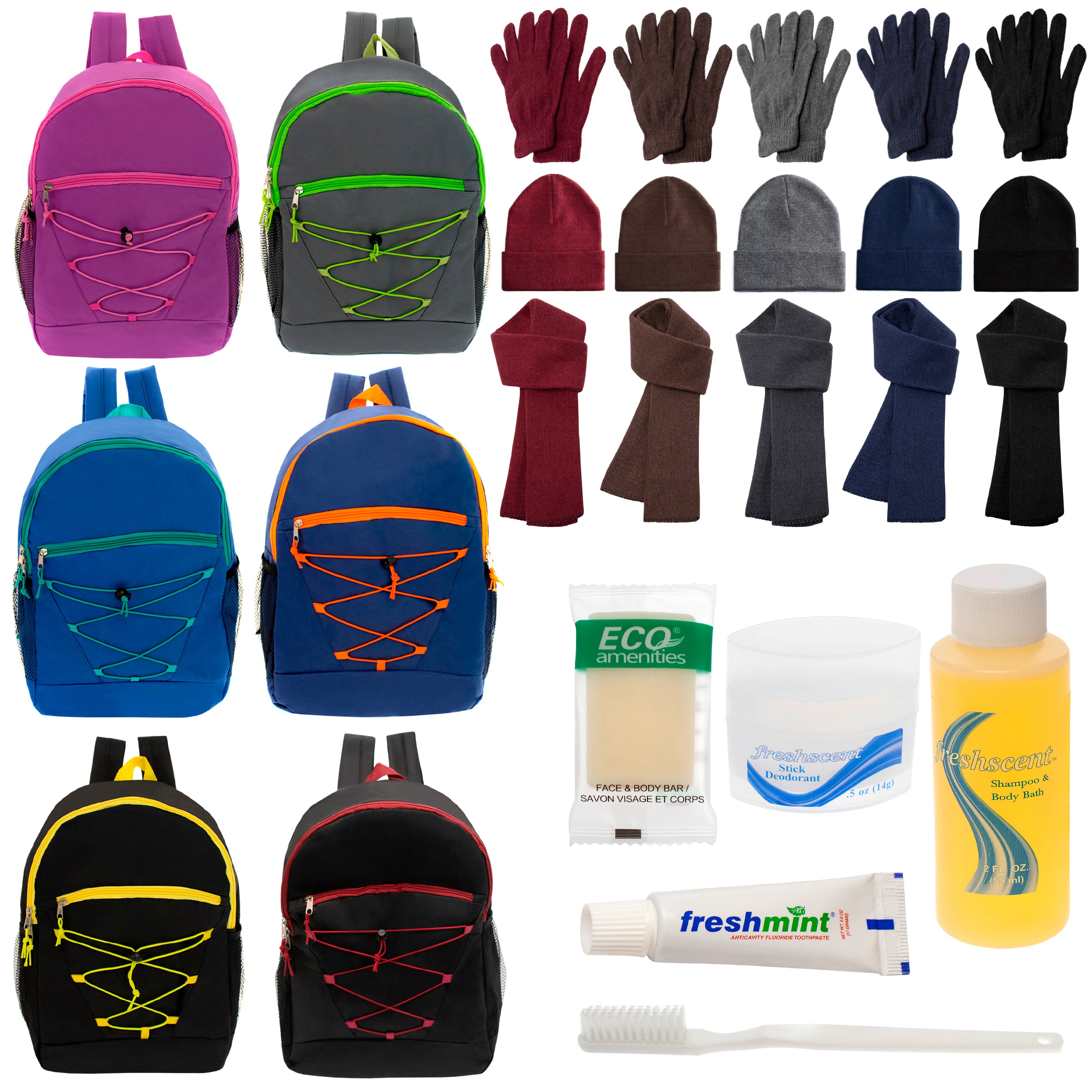 12 Bungee 17" Backpacks in 6 Colors, 12 Winter Item Sets & Your Choice of 12 Bulk Hygiene Kits - Wholesale Homeless Care Package