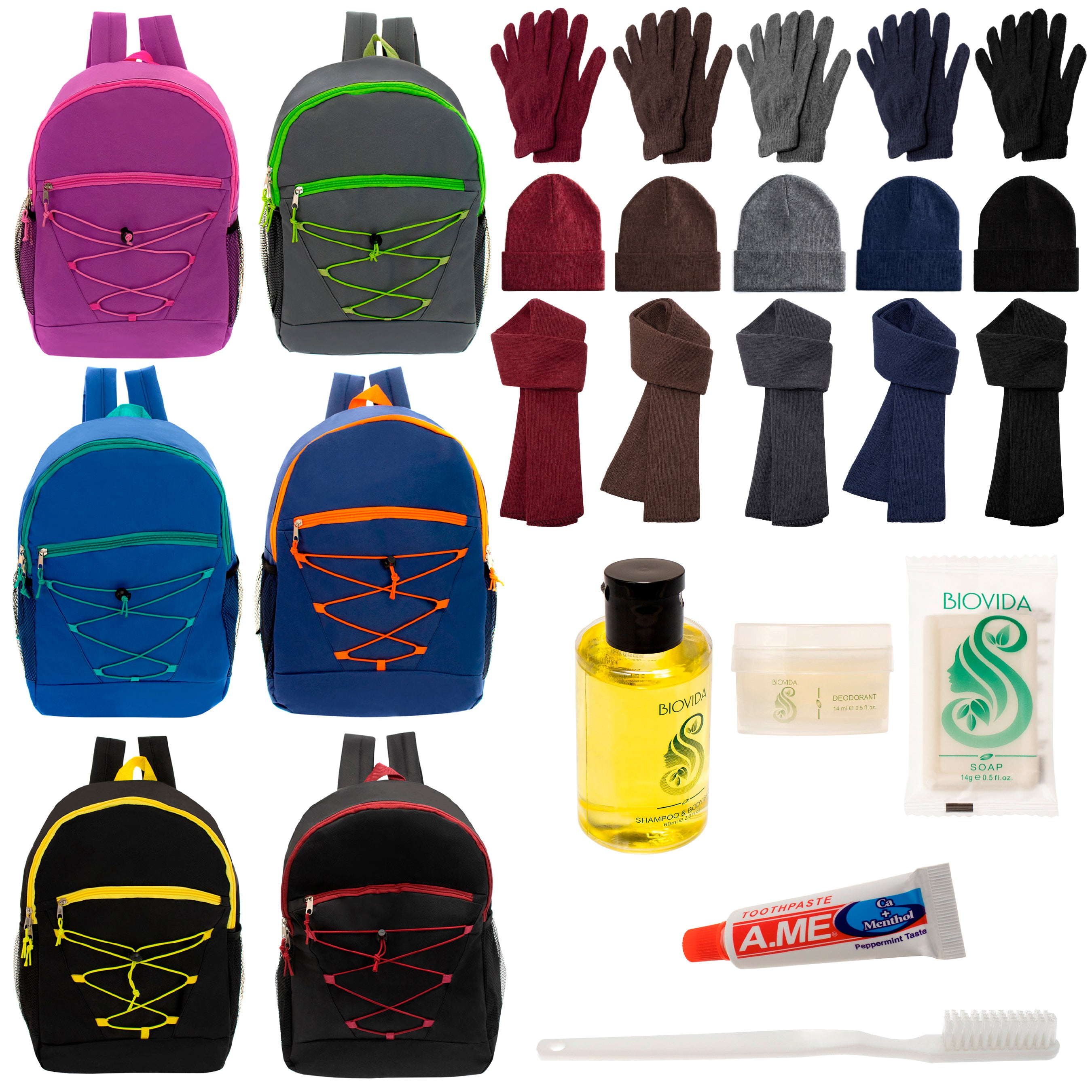 12 Bungee 17" Backpacks in 6 Colors, 12 Winter Item Sets & Your Choice of 12 Bulk Hygiene Kits - Wholesale Homeless Care Package